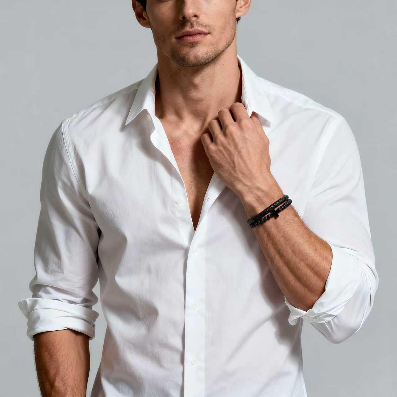 Black Onyx Bead Leather Cuff w/ Stainless Steel Cross