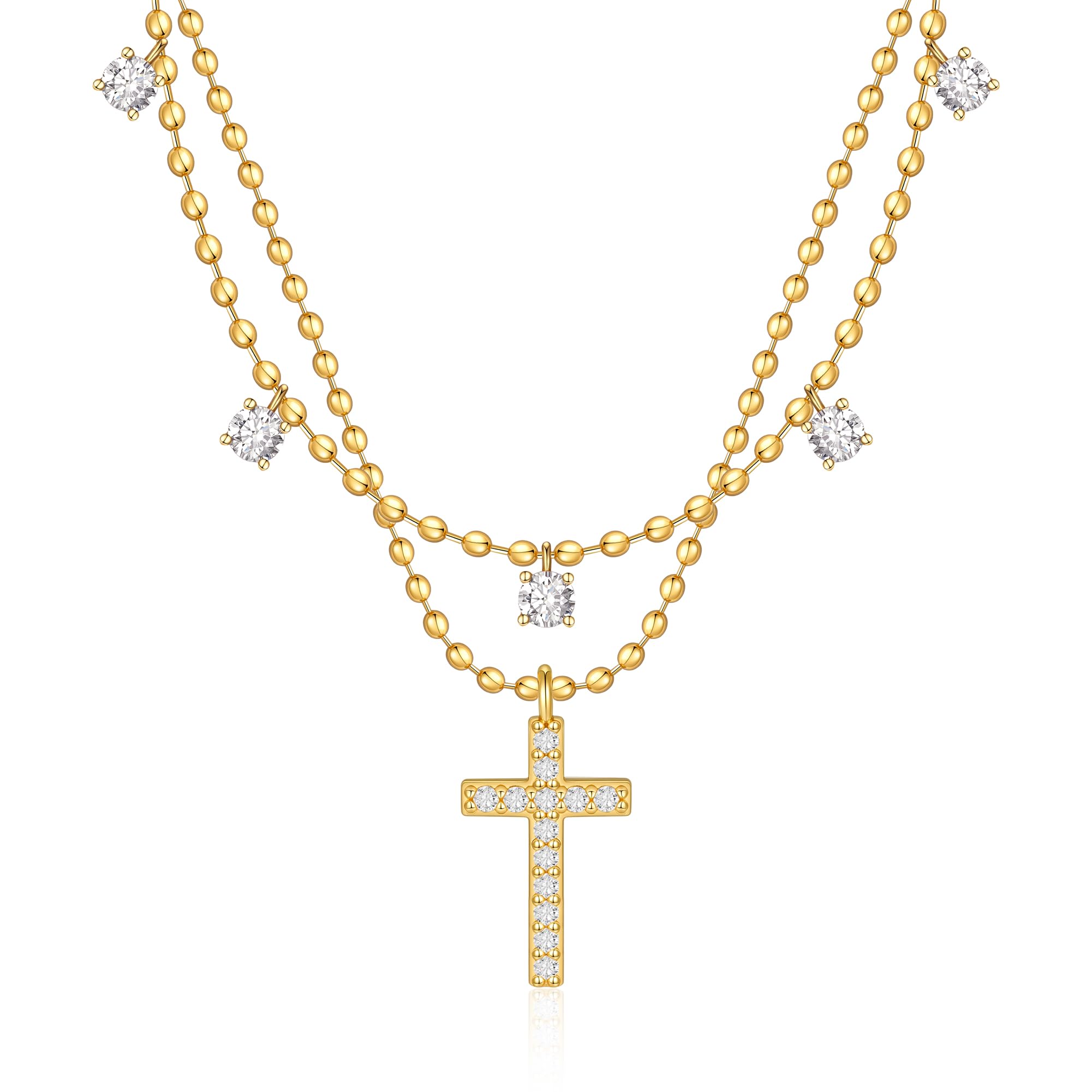 Gold Plated Layered Dainty Small Diamond Cross Pendant