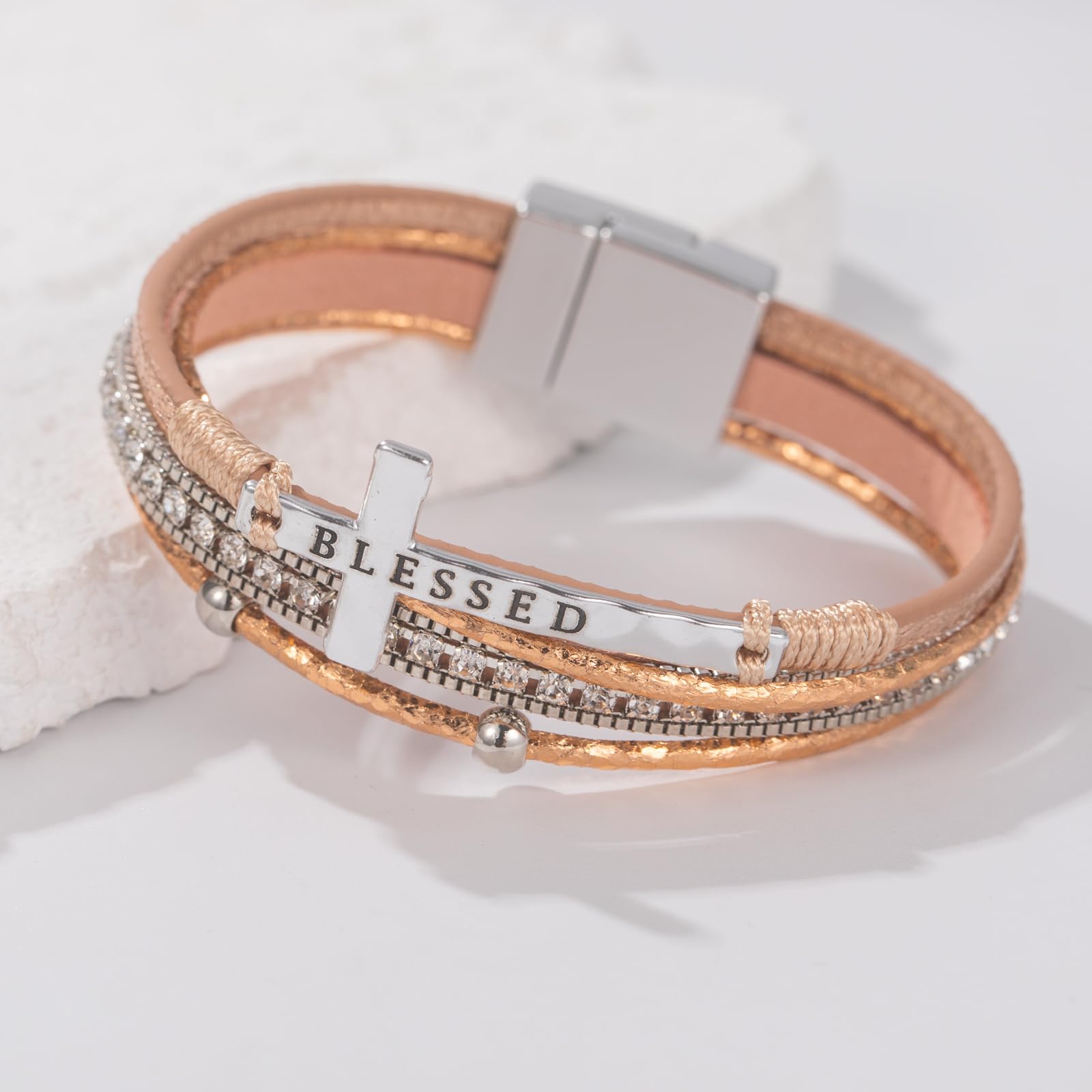 Leather Boho Bead Cross w/ Magnetic Clasp