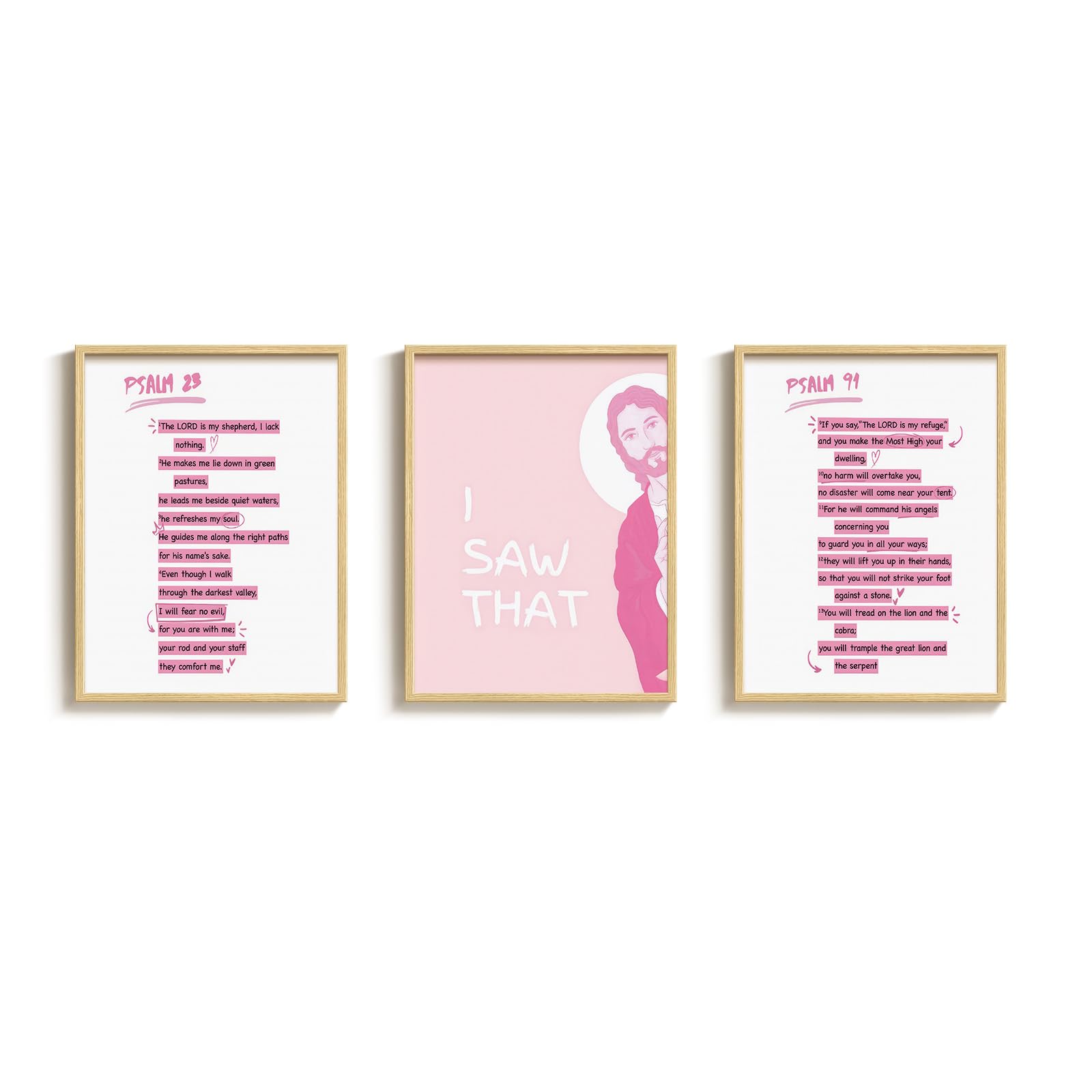 Wood Framed, Set of 3, Pink Jesus Scripture Prints, 12x16 Inch