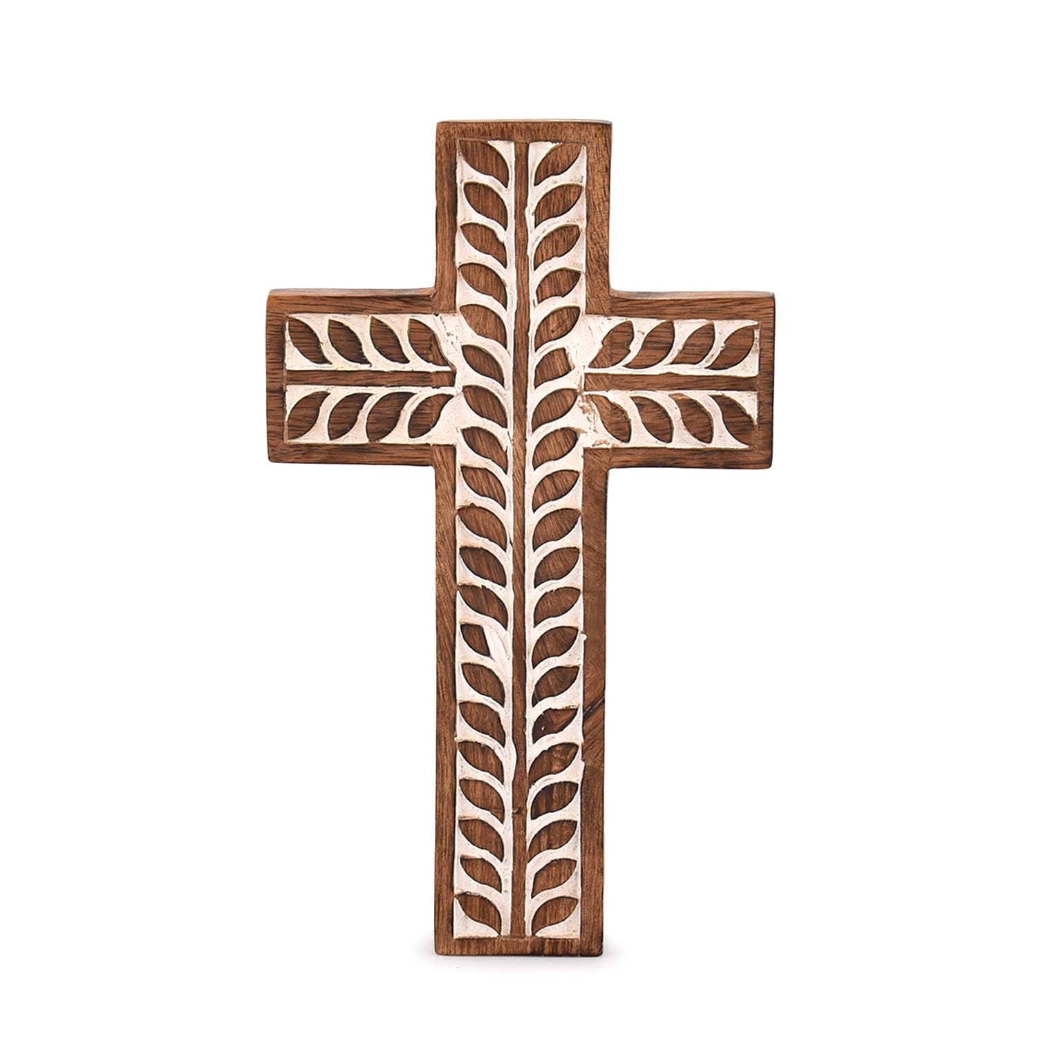 Mango Wood Cross, Wall Hanging Floral Carvings Décor