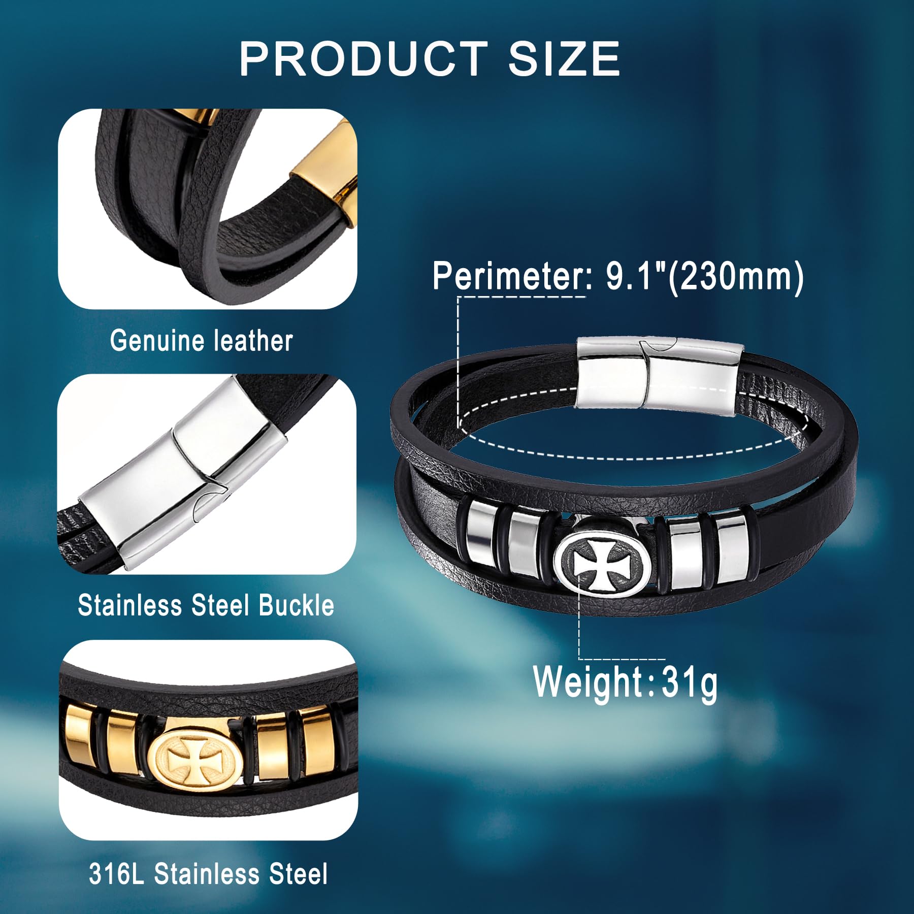 18K Gold Cross Leather Bracelet