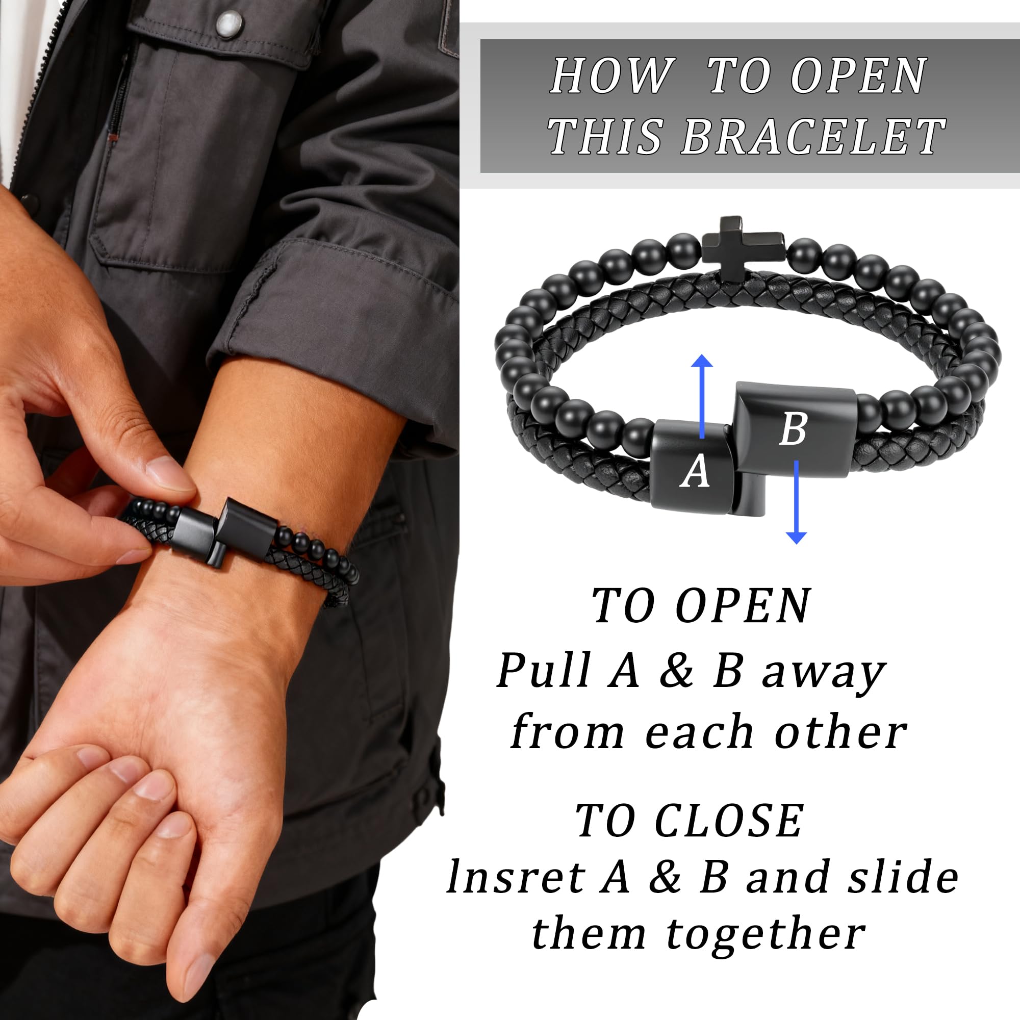 Black Onyx Bead Leather Cuff w/ Stainless Steel Cross