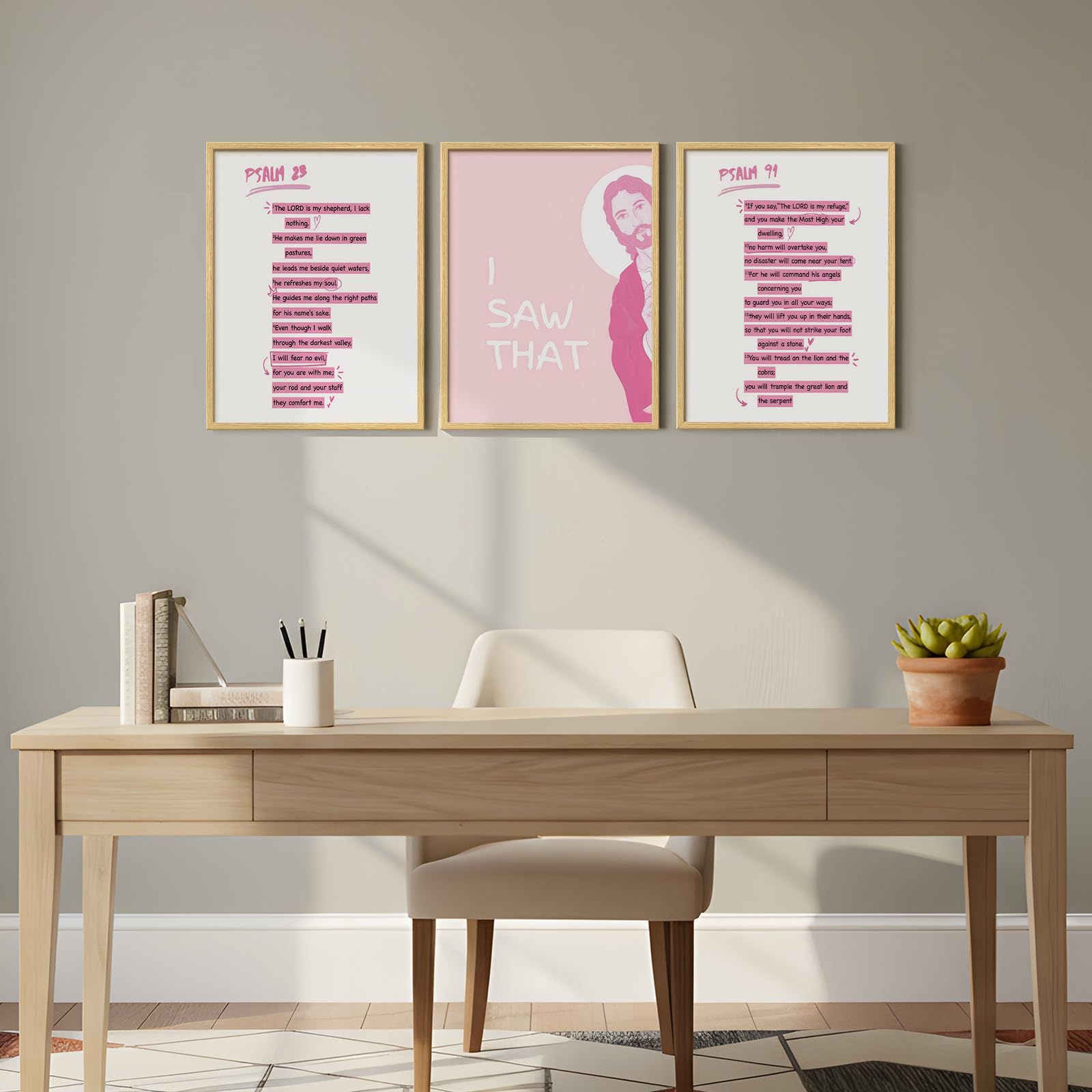 Wood Framed, Set of 3, Pink Jesus Scripture Prints, 12x16 Inch