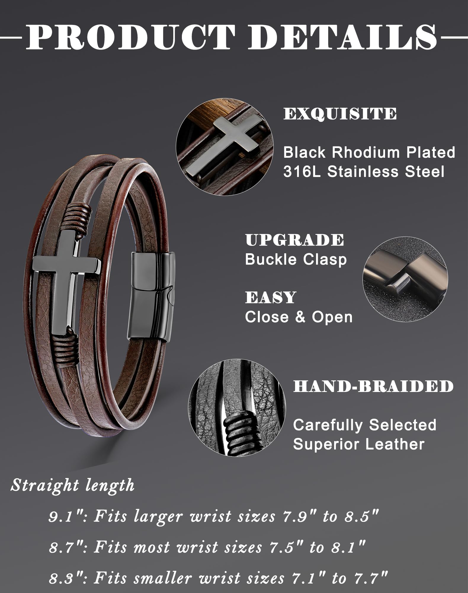 18K Silver, Gold Cross Leather Bracelet, 9.1