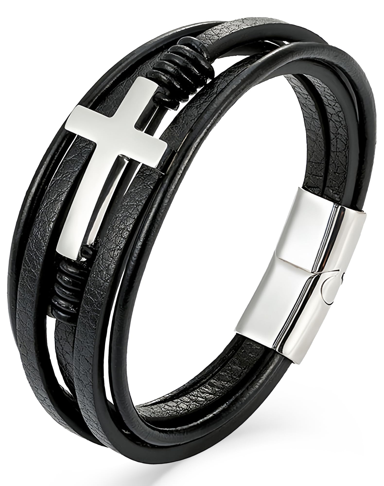 18K Silver, Gold Cross Leather Bracelet, 9.1