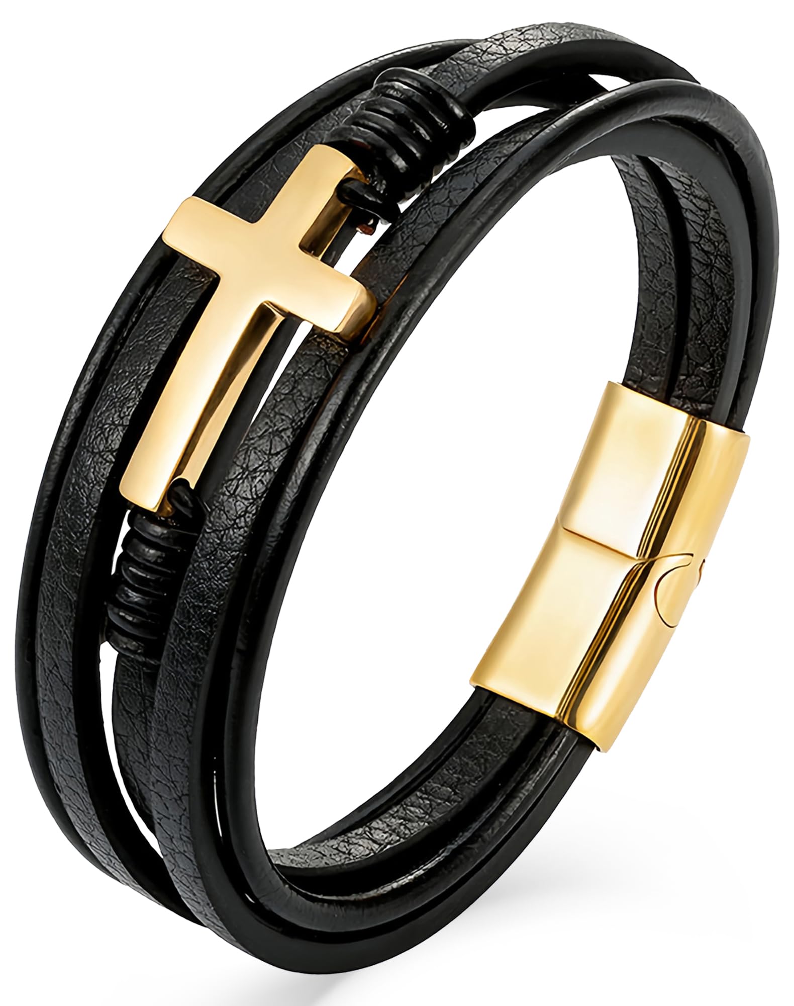 18K Silver, Gold Cross Leather Bracelet, 9.1