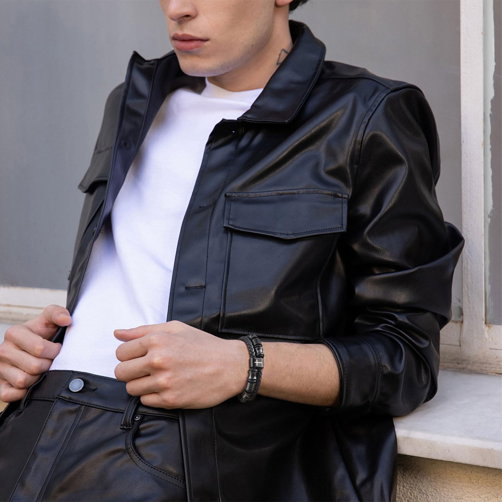 Double-Row Braided Leather/Faith Cross