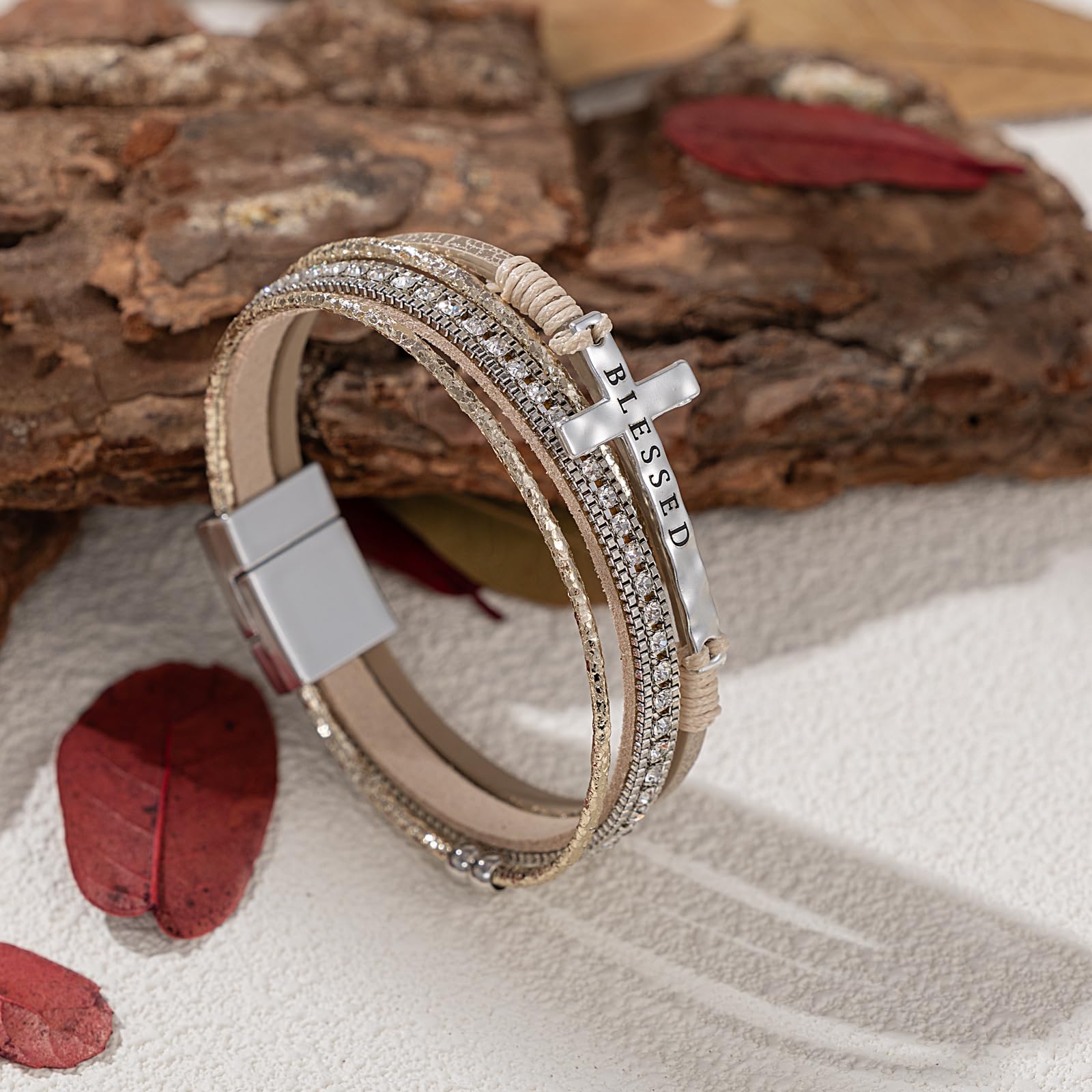 Leather Boho Bead Cross w/ Magnetic Clasp