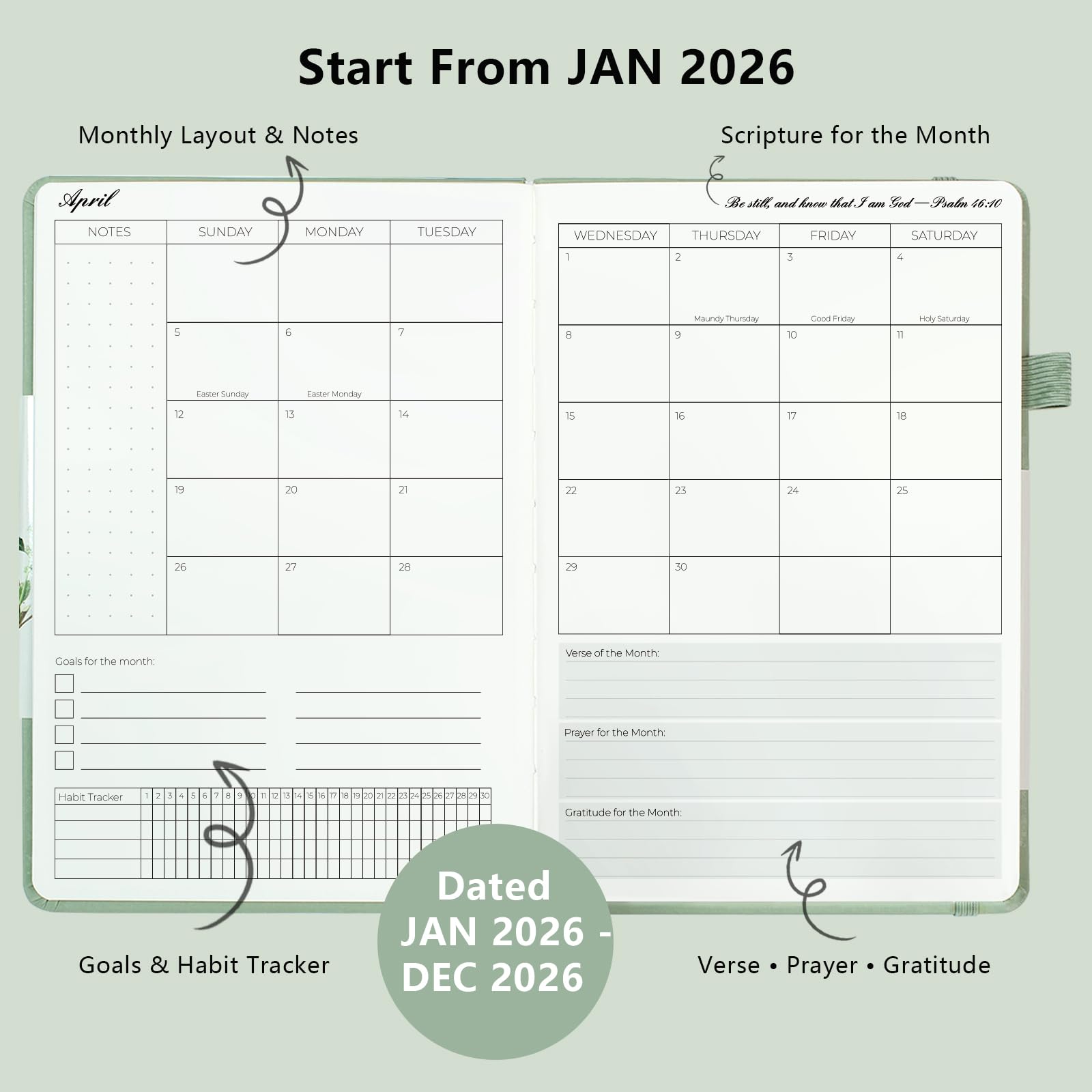 2026 Prayer Notebook, Planner, Hardcover, Sage Green