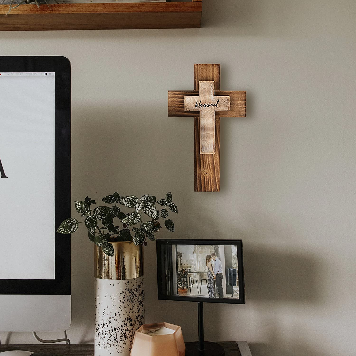 Wall Double Wooden Cross W/ Hook