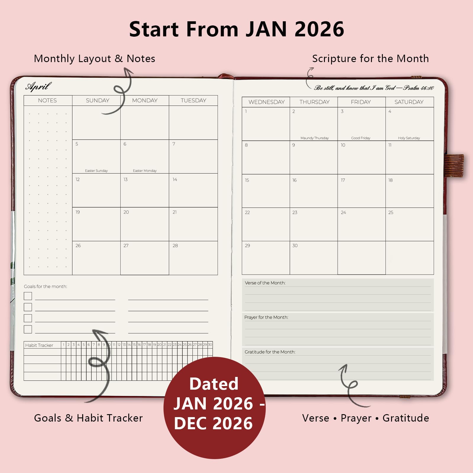 2026 Prayer Notebook, Planner, Hardcover, Burgundy