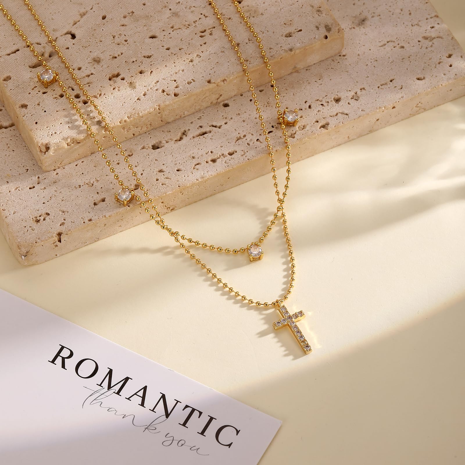 Gold Plated Layered Dainty Small Diamond Cross Pendant