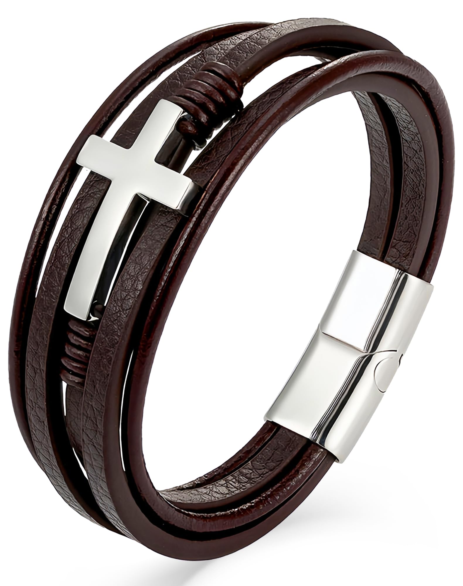 18K Silver, Gold Cross Leather Bracelet, 9.1