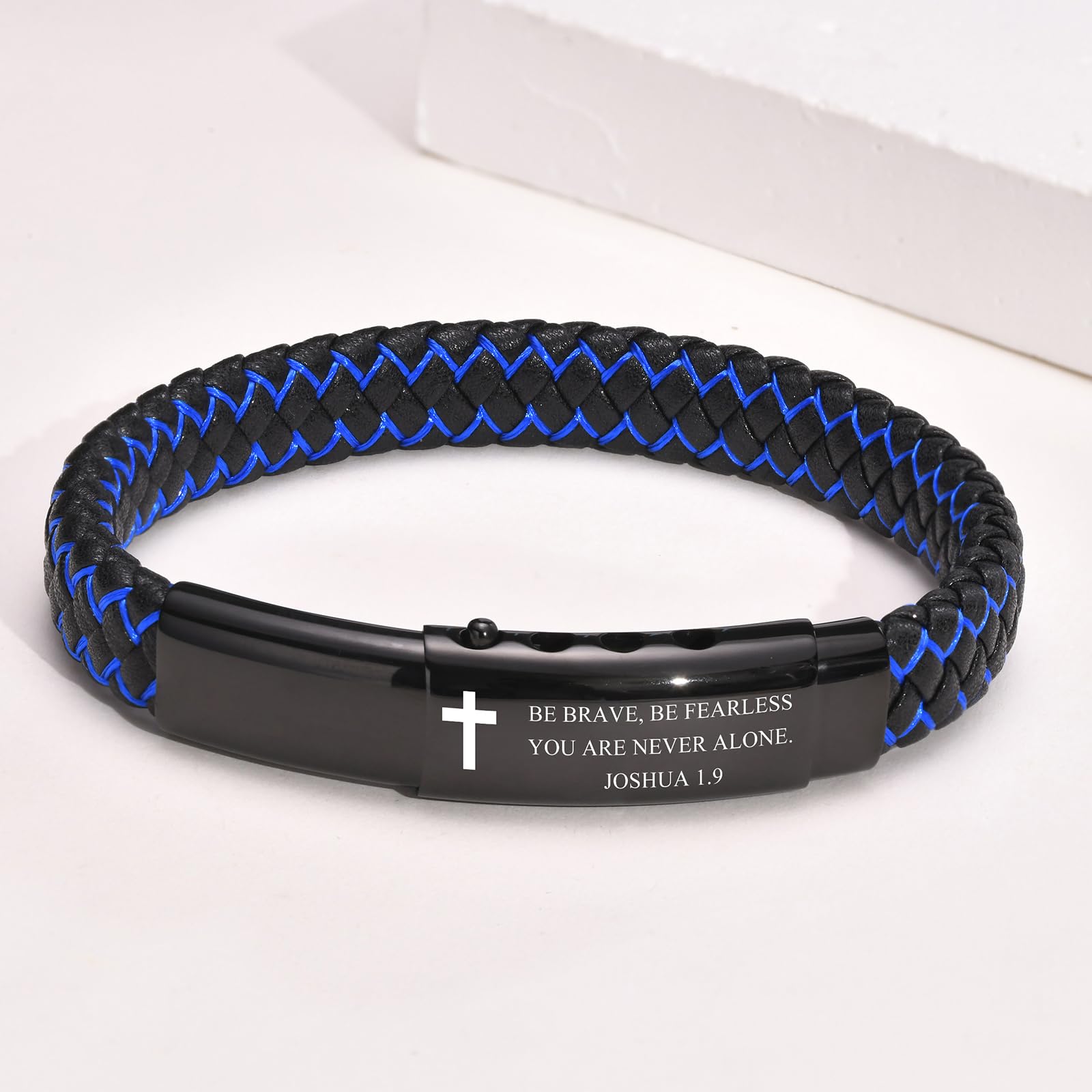 Joshua 1.9 Bible Verse Leather Cross Bracelet