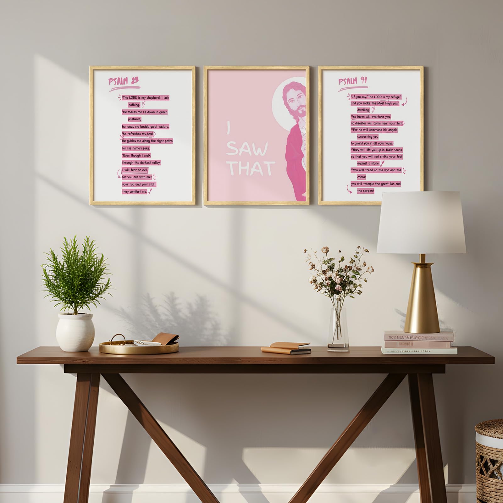 Wood Framed, Set of 3, Pink Jesus Scripture Prints, 12x16 Inch