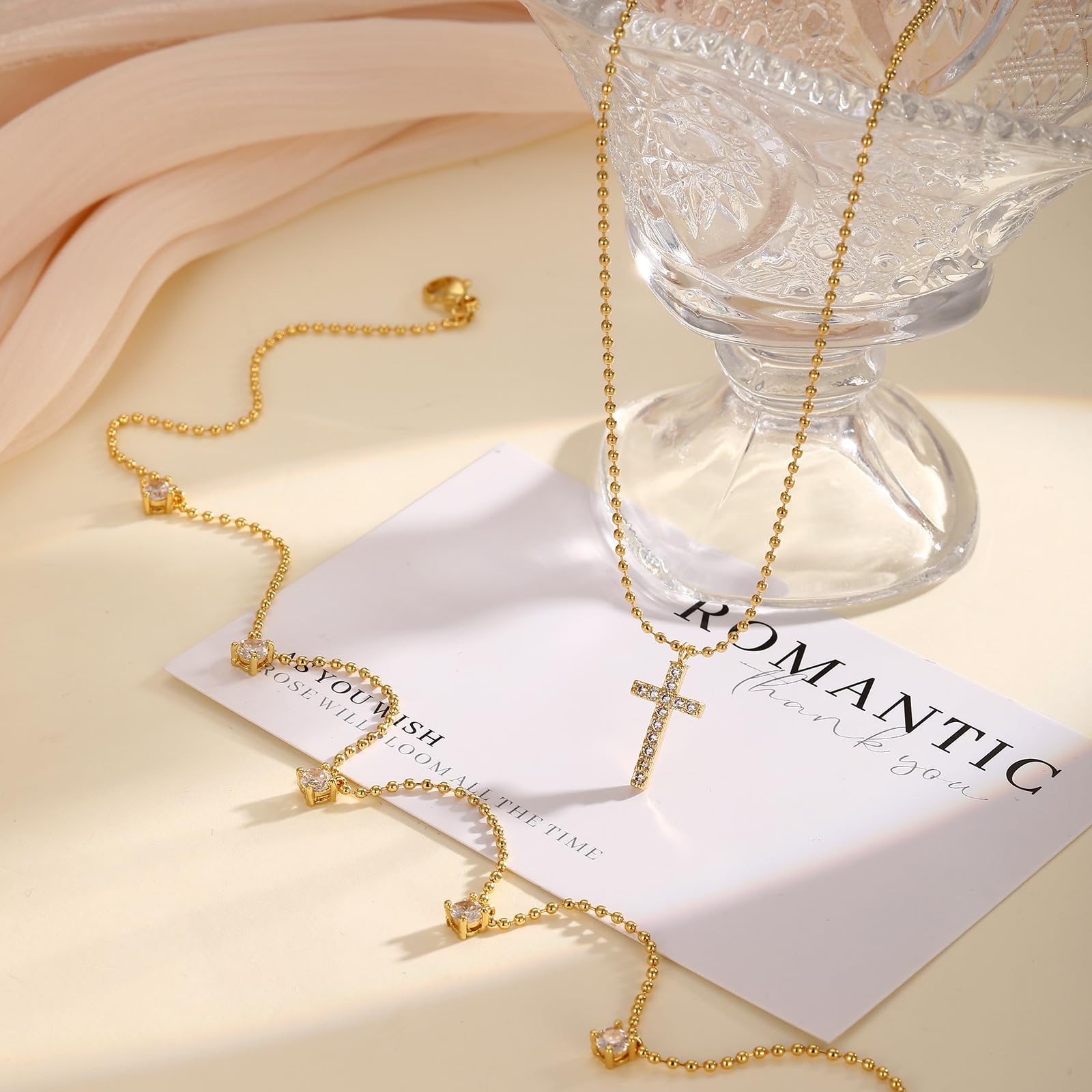 Gold Plated Layered Dainty Small Diamond Cross Pendant