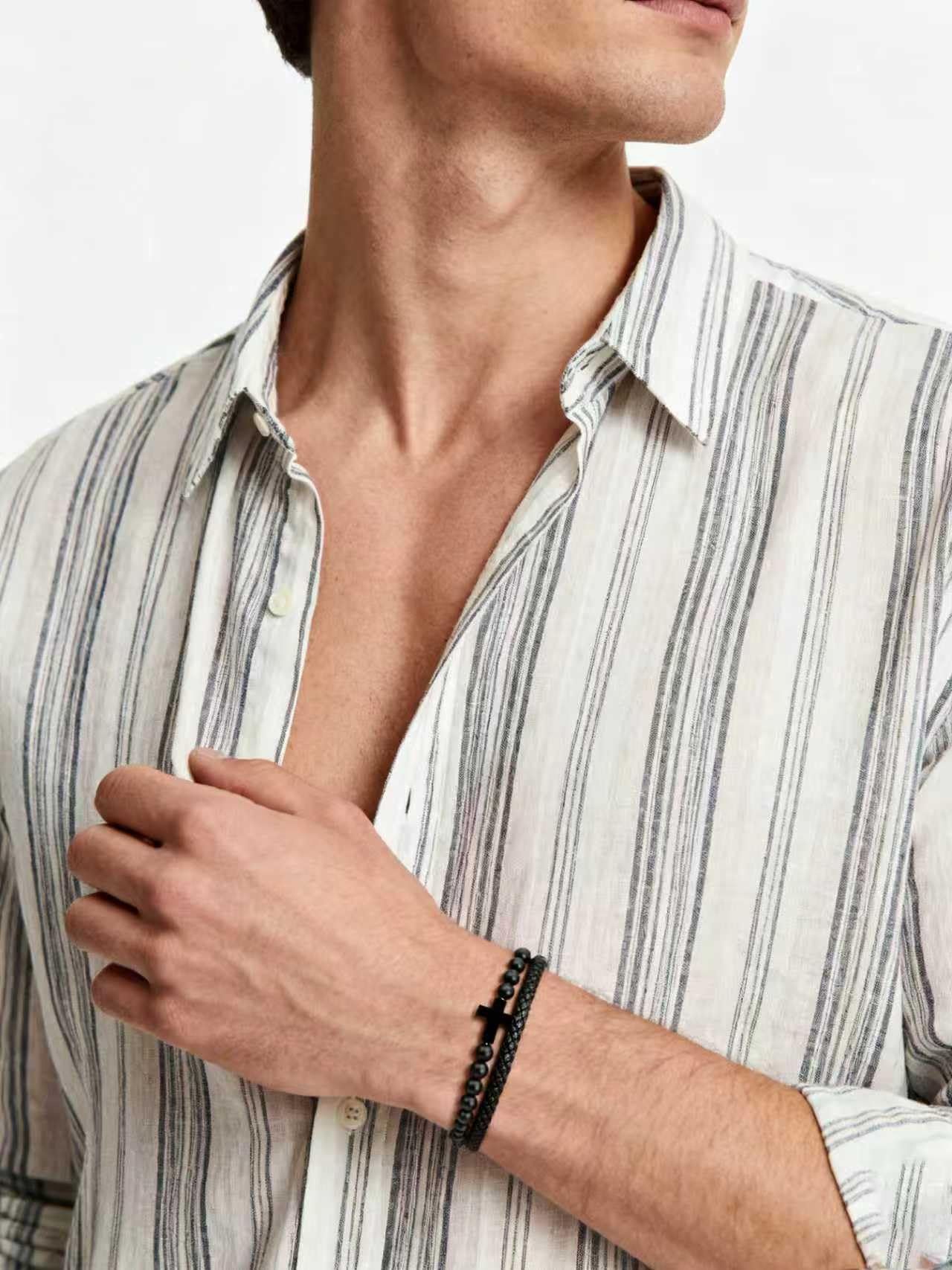 Black Onyx Bead Leather Cuff w/ Stainless Steel Cross