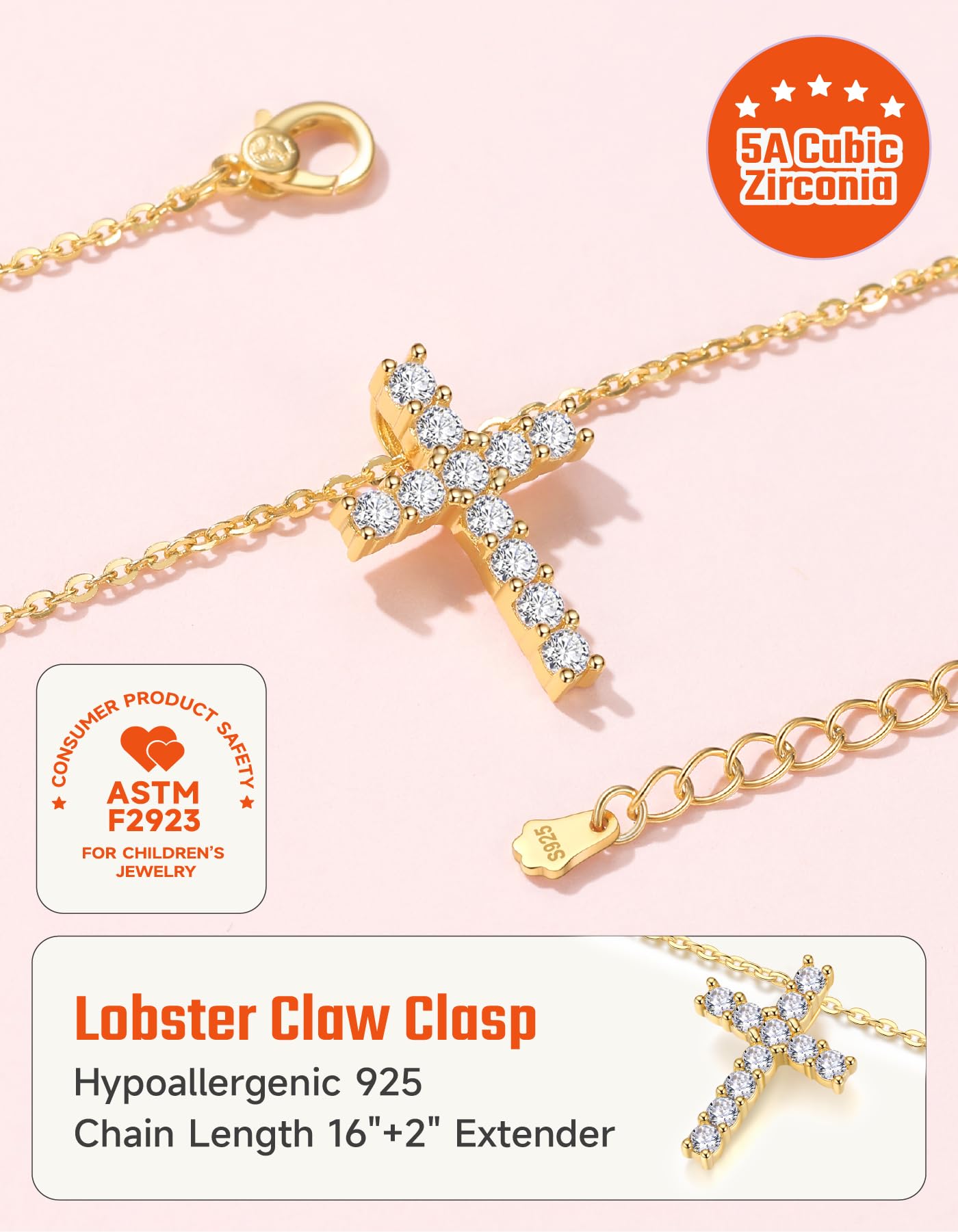 Gold Plated 925 Silver Cross Pendant For Girls