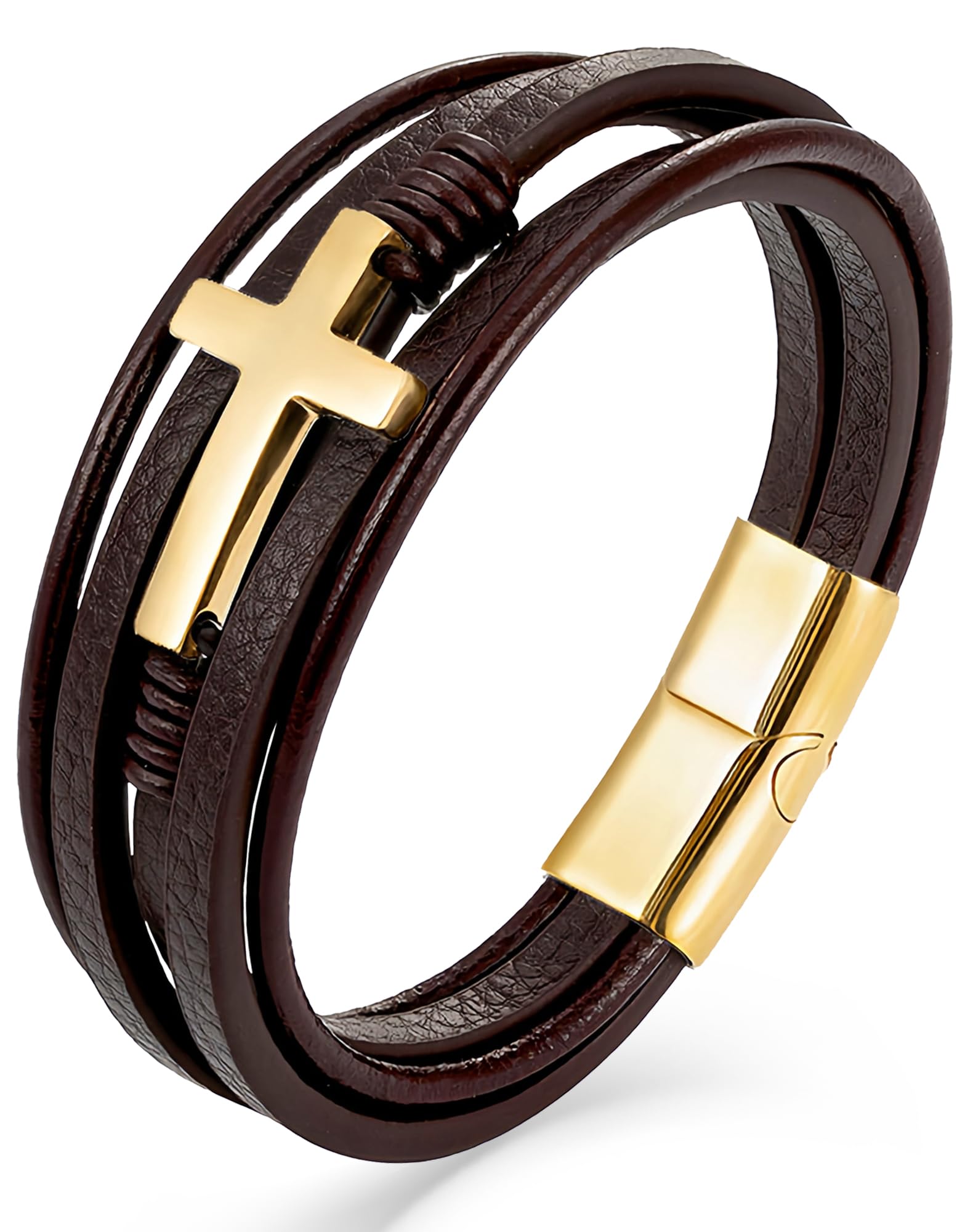 18K Silver, Gold Cross Leather Bracelet, 9.1