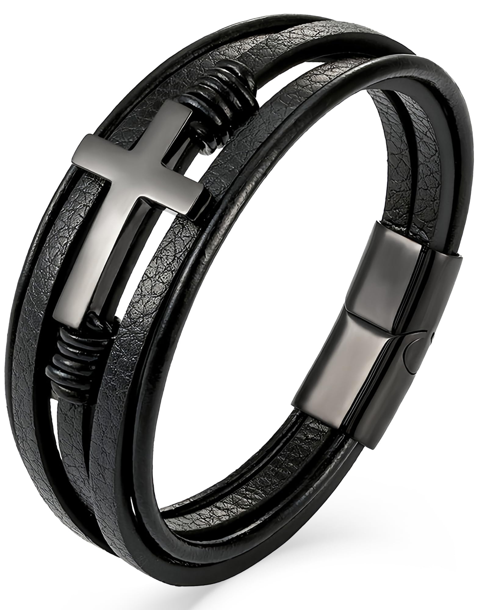 18K Silver, Gold Cross Leather Bracelet, 9.1