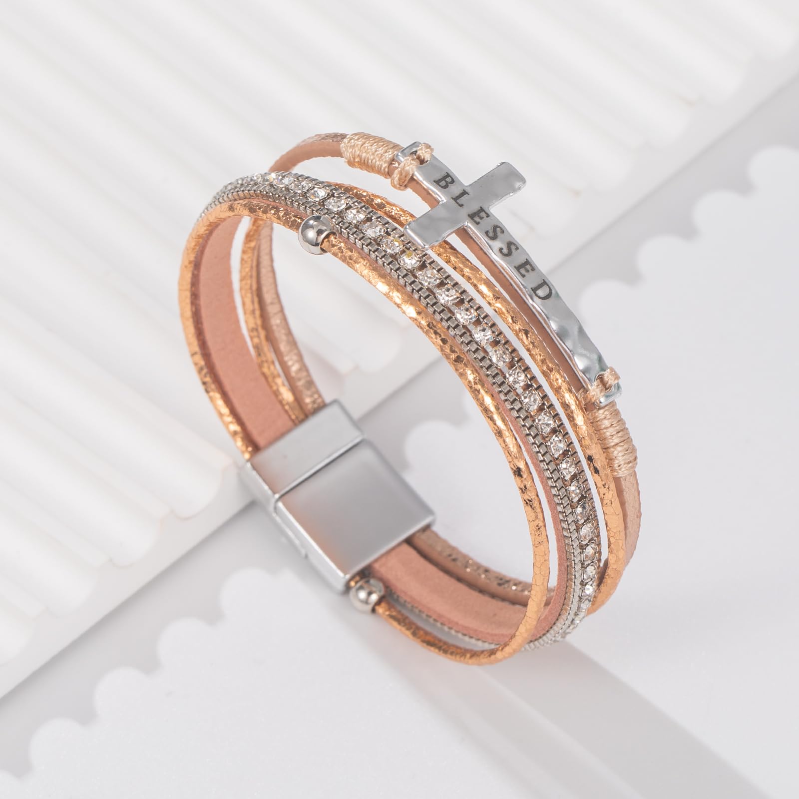 Leather Boho Bead Cross w/ Magnetic Clasp