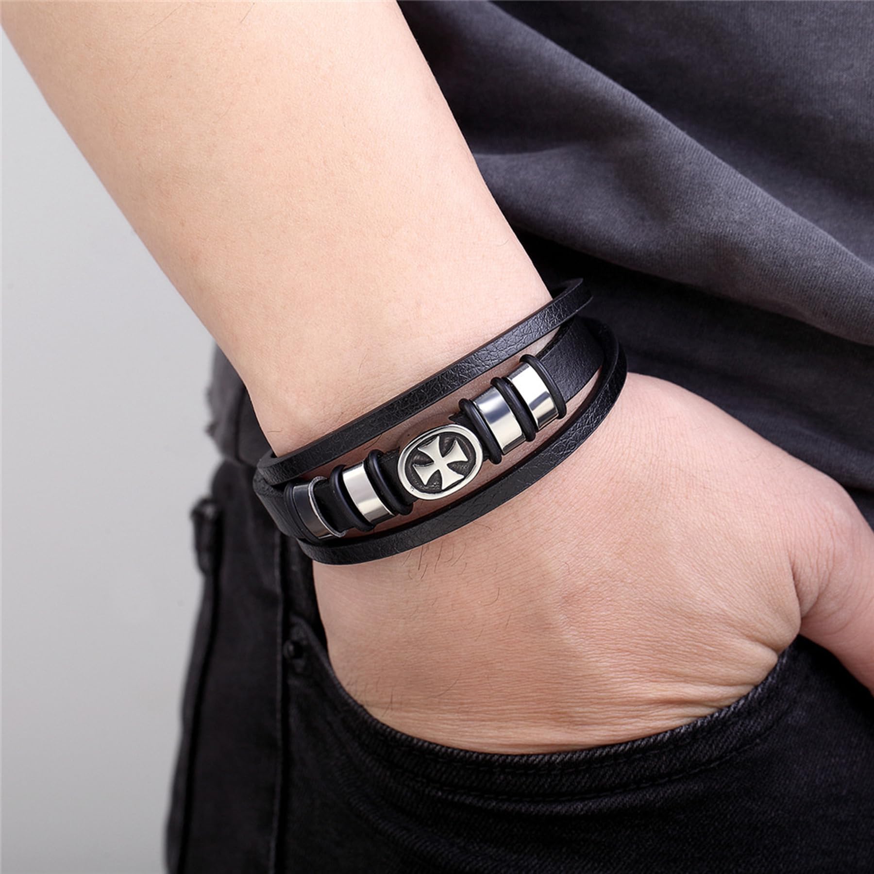 18K Gold Cross Leather Bracelet