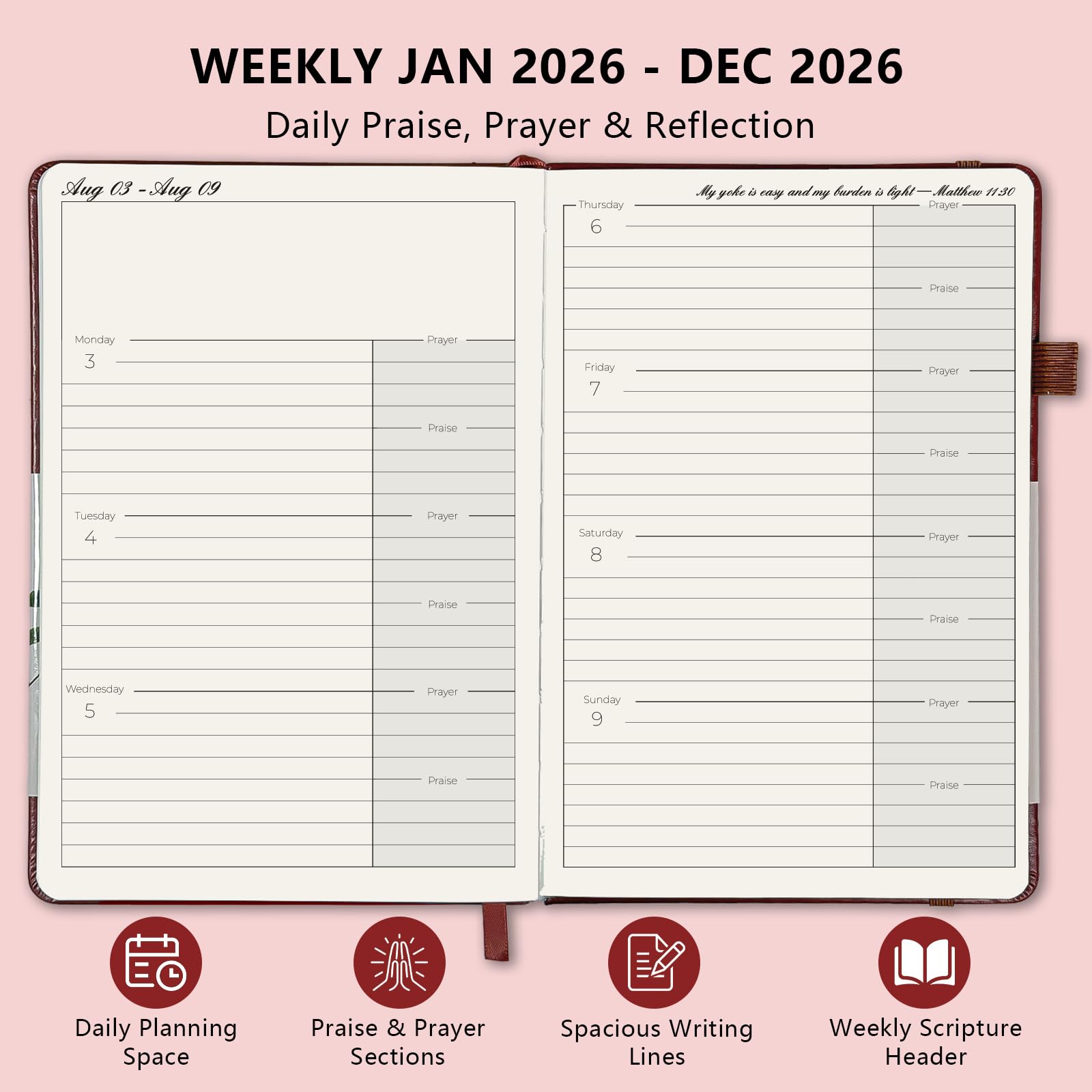 2026 Prayer Notebook, Planner, Hardcover, Burgundy