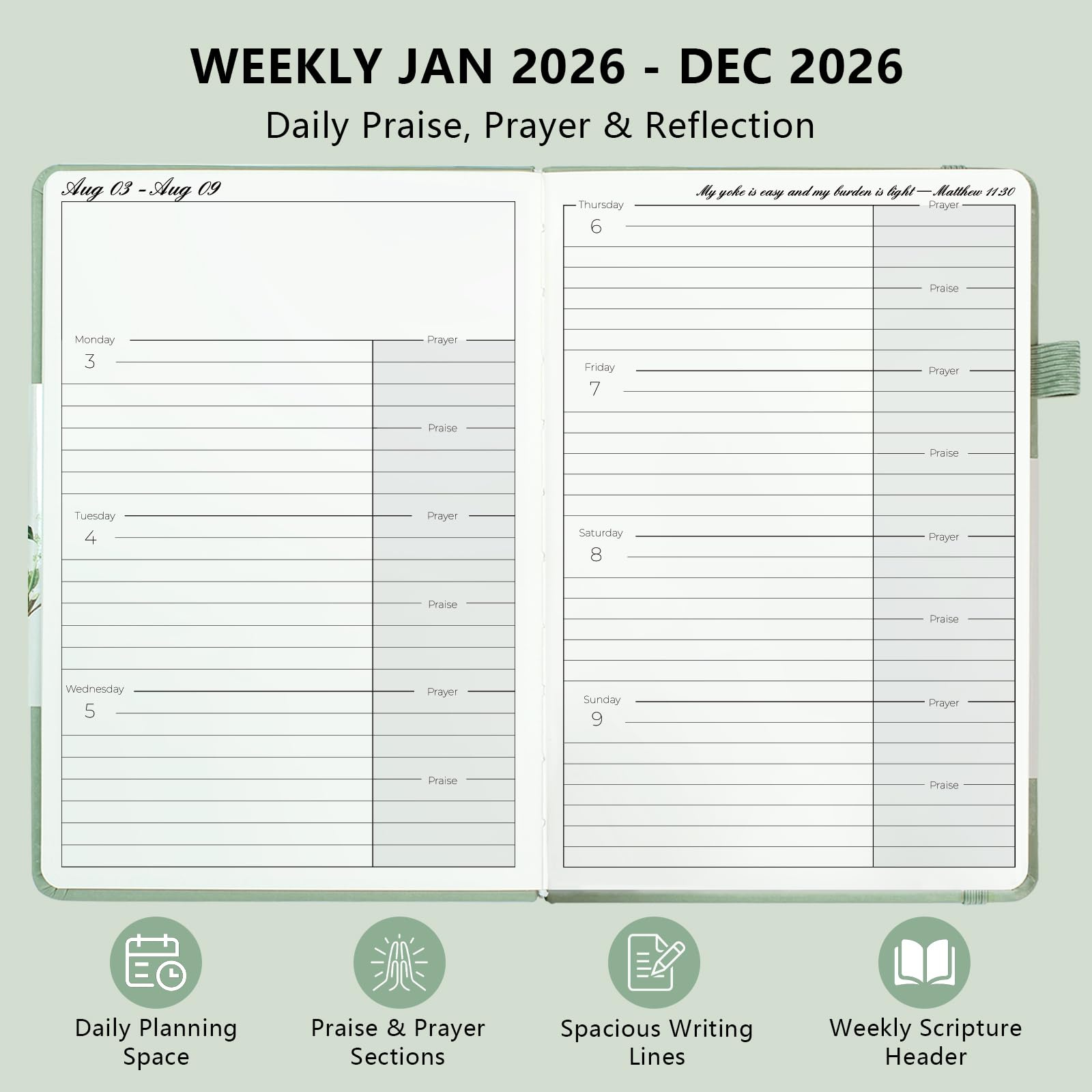 2026 Prayer Notebook, Planner, Hardcover, Sage Green