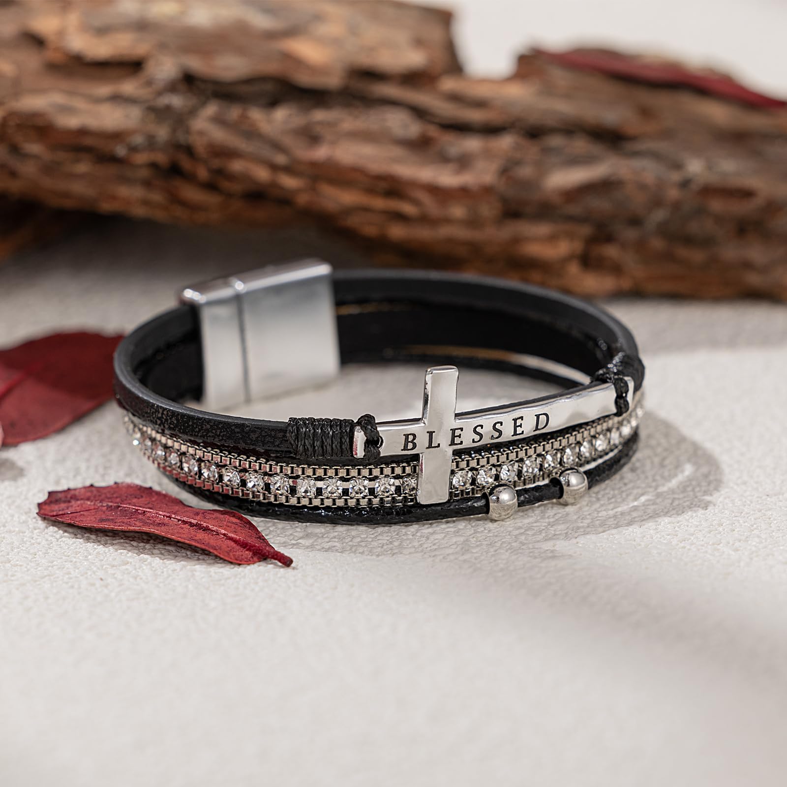 Leather Boho Bead Cross w/ Magnetic Clasp