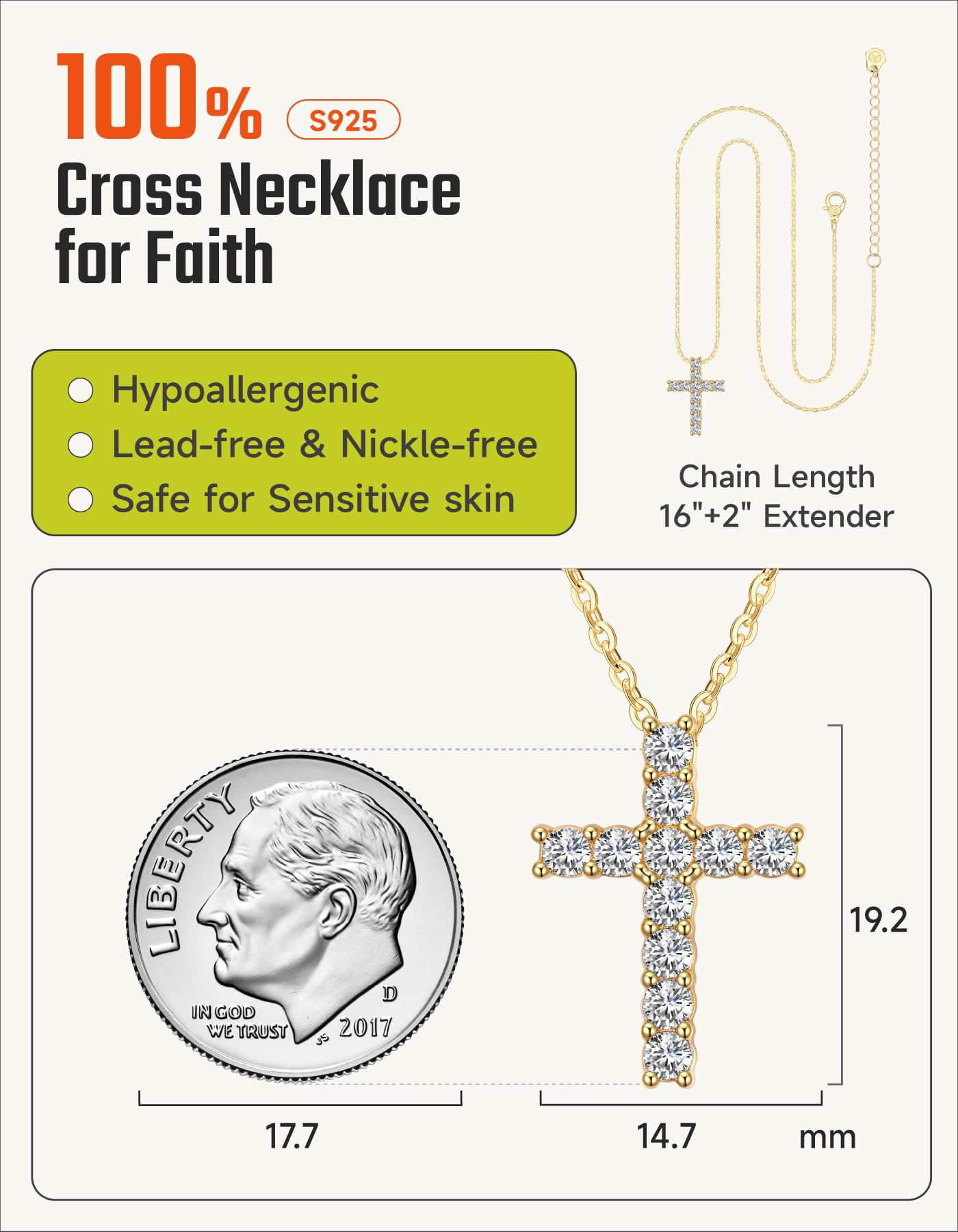 Gold Plated 925 Silver Cross Pendant For Girls