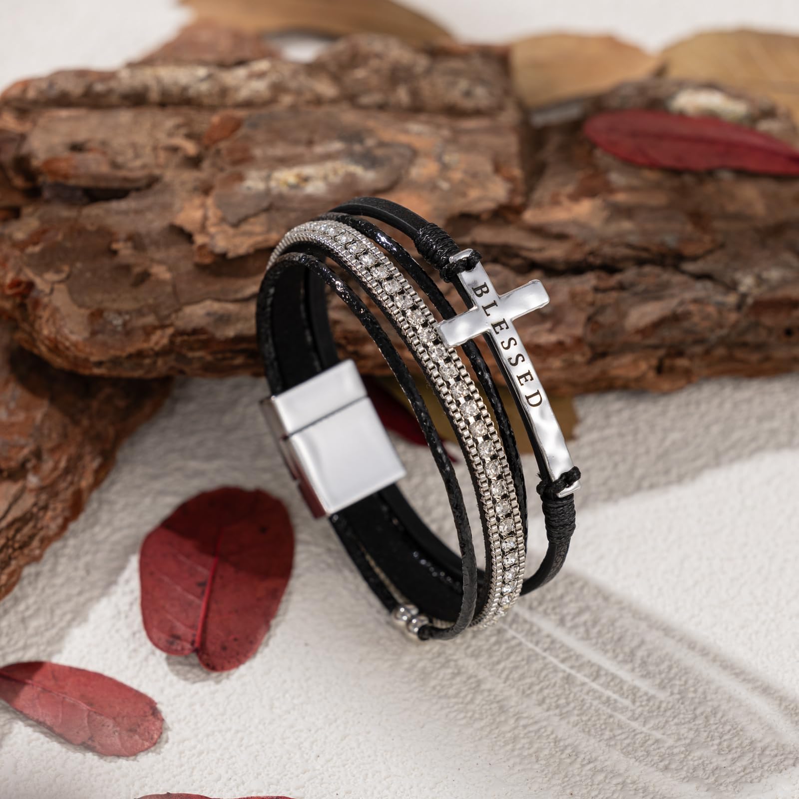 Leather Boho Bead Cross w/ Magnetic Clasp