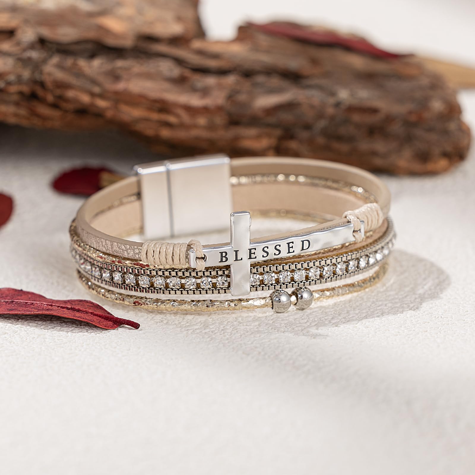 Leather Boho Bead Cross w/ Magnetic Clasp