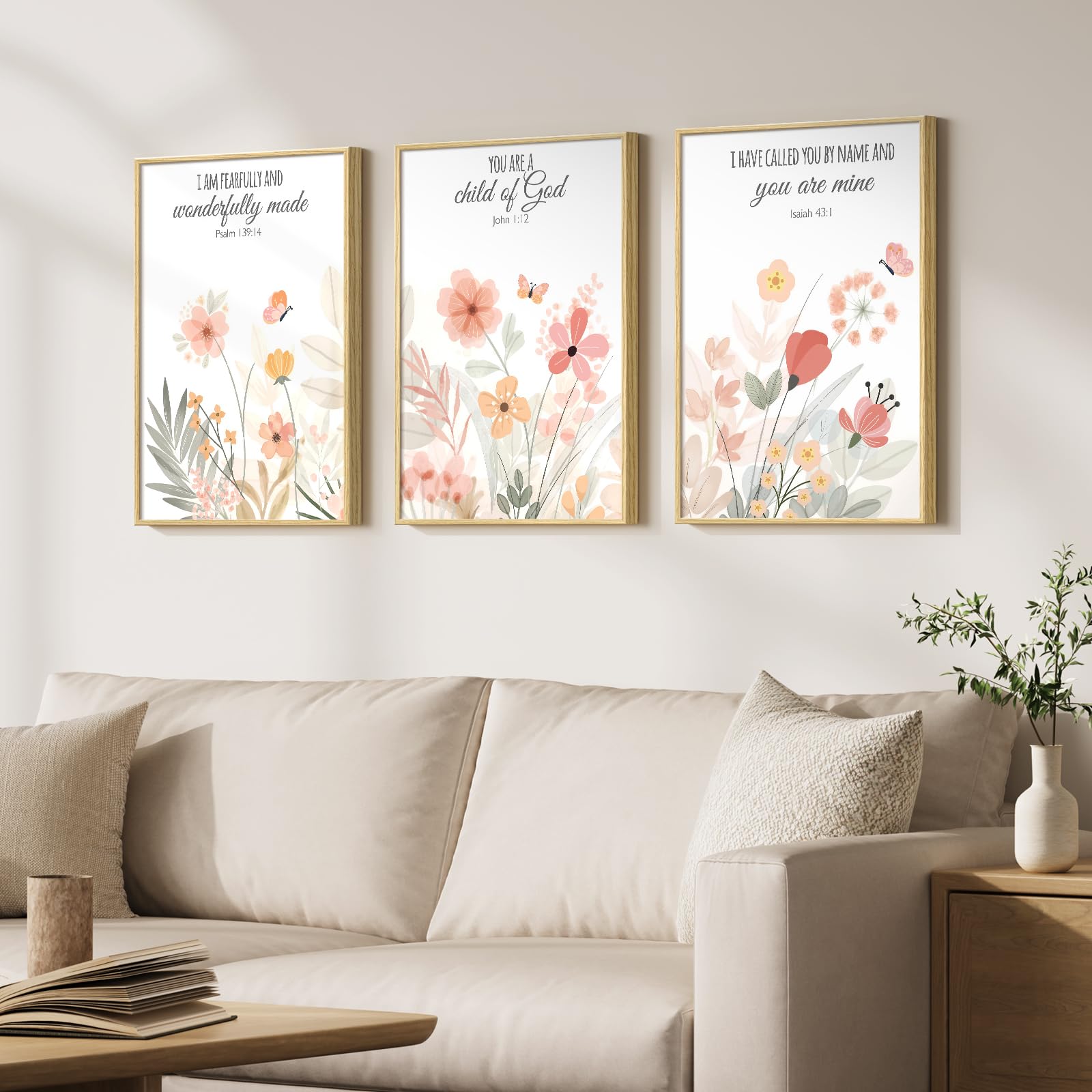 3 Set, Framed Christian Wall Art , Botanical Floral Scripture , 12x16
