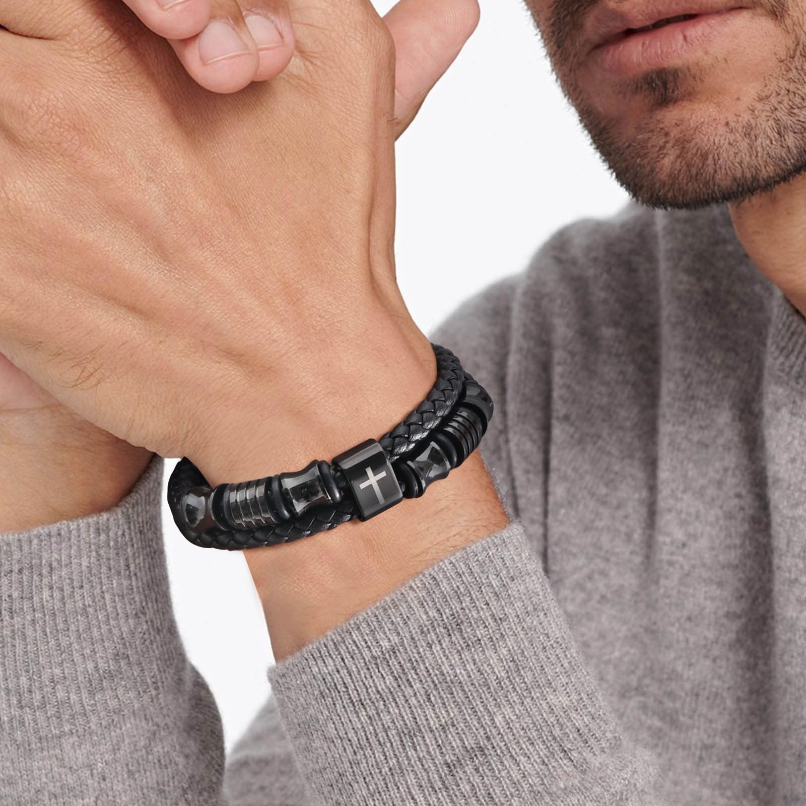 Double-Row Braided Leather/Faith Cross