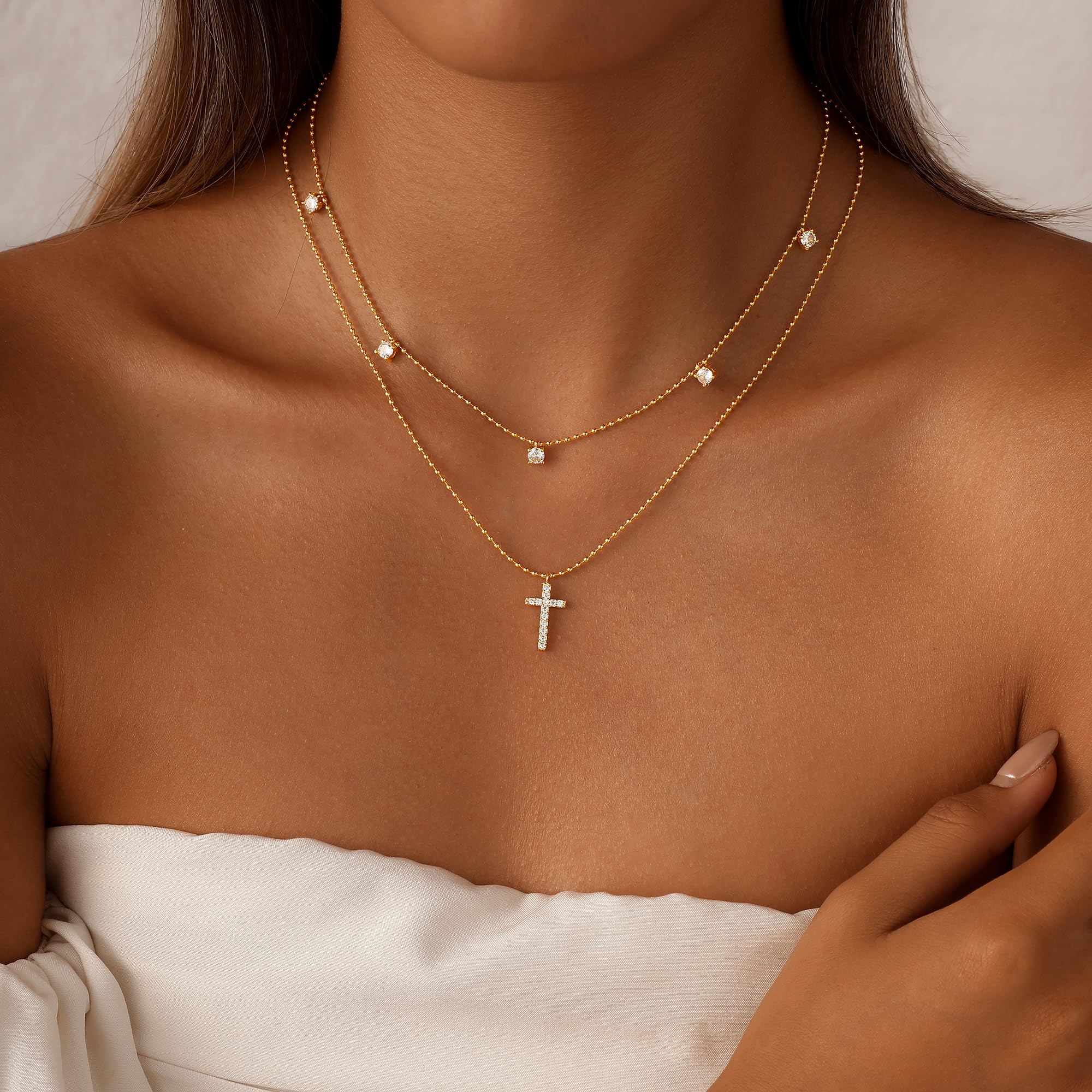 Gold Plated Layered Dainty Small Diamond Cross Pendant