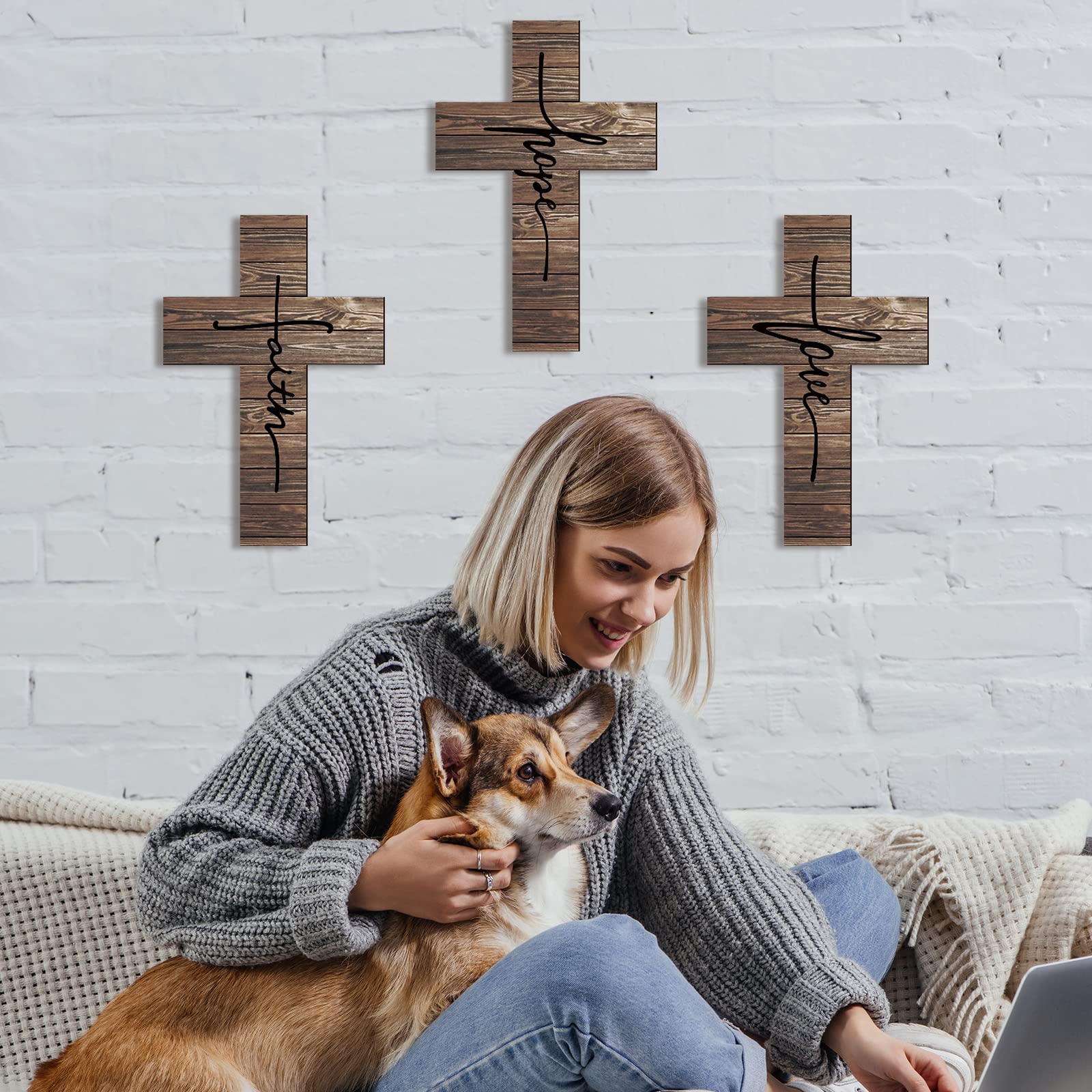 3 PCS Wooden Rustic Cross Decor, Vintage, 12 x 8 Inch(Brown)