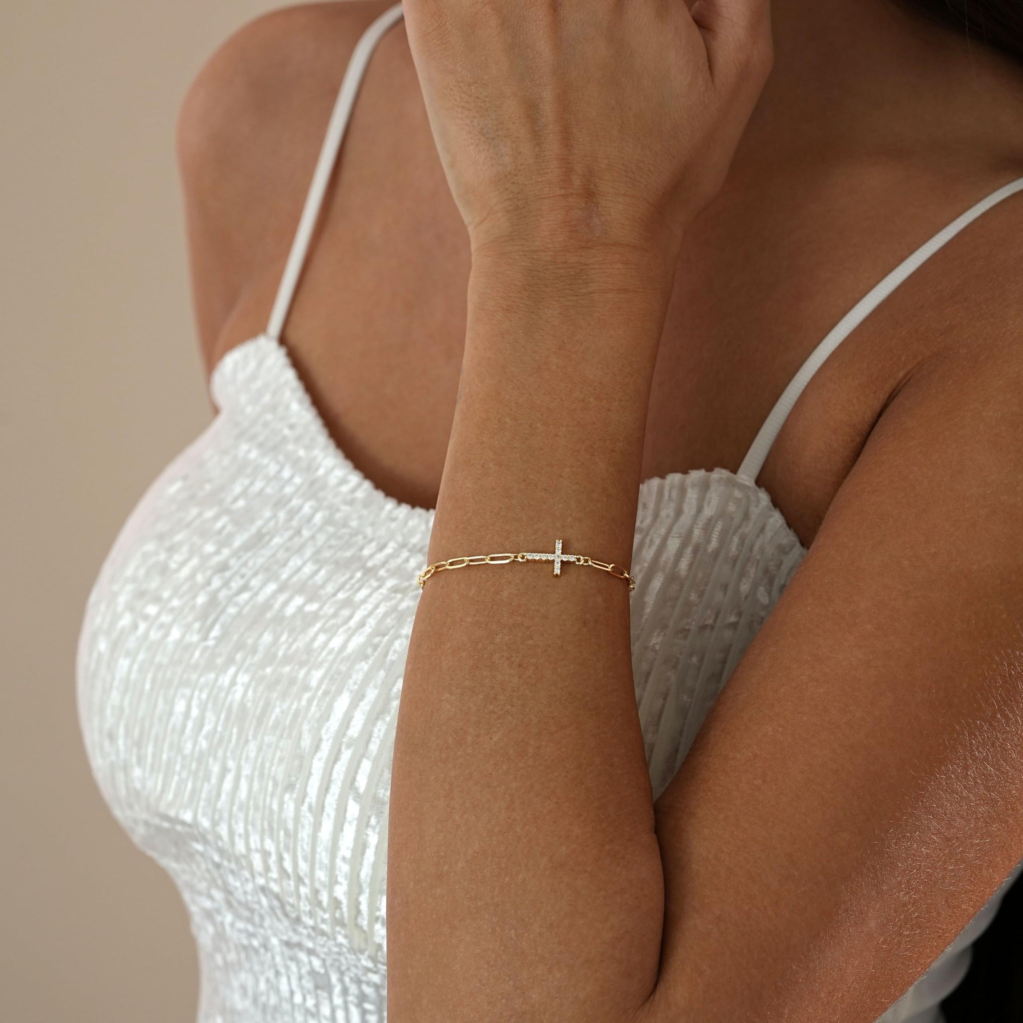 Dainty Paperclip 14k Cross Bracelet