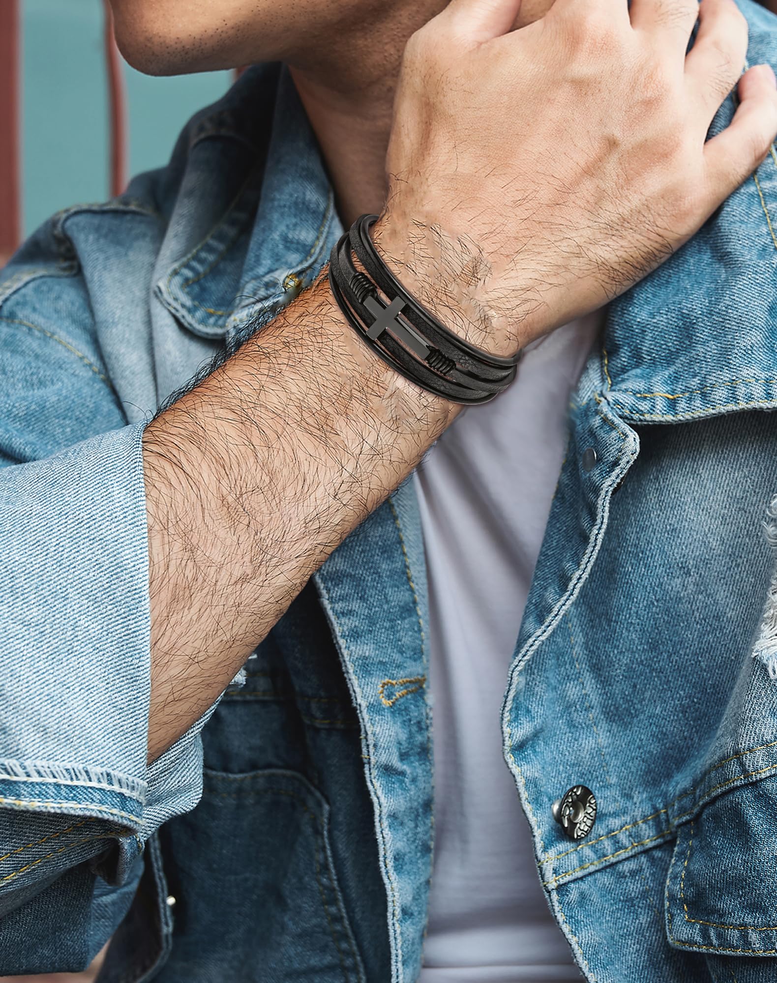 18K Silver, Gold Cross Leather Bracelet, 9.1