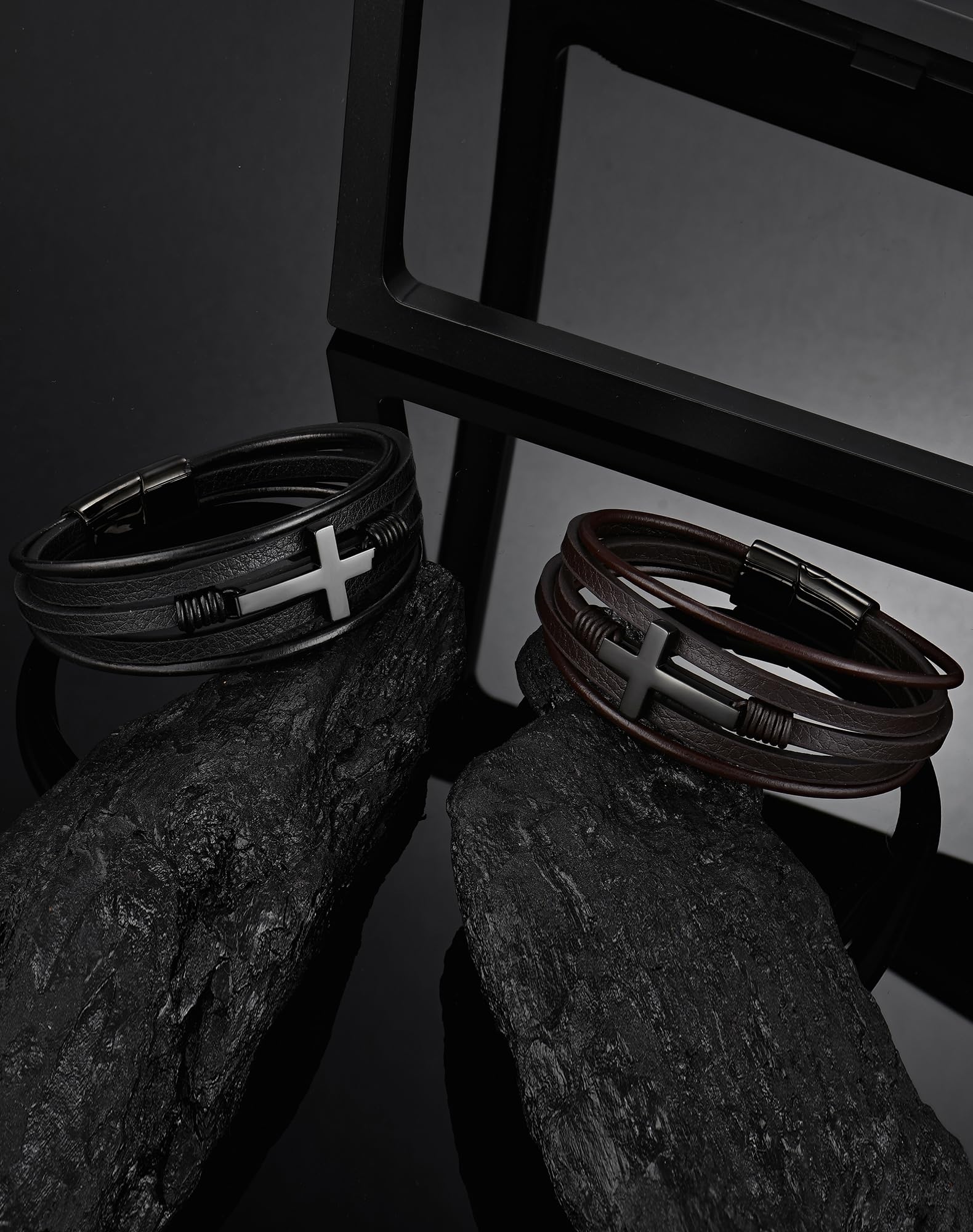 18K Silver, Gold Cross Leather Bracelet, 9.1