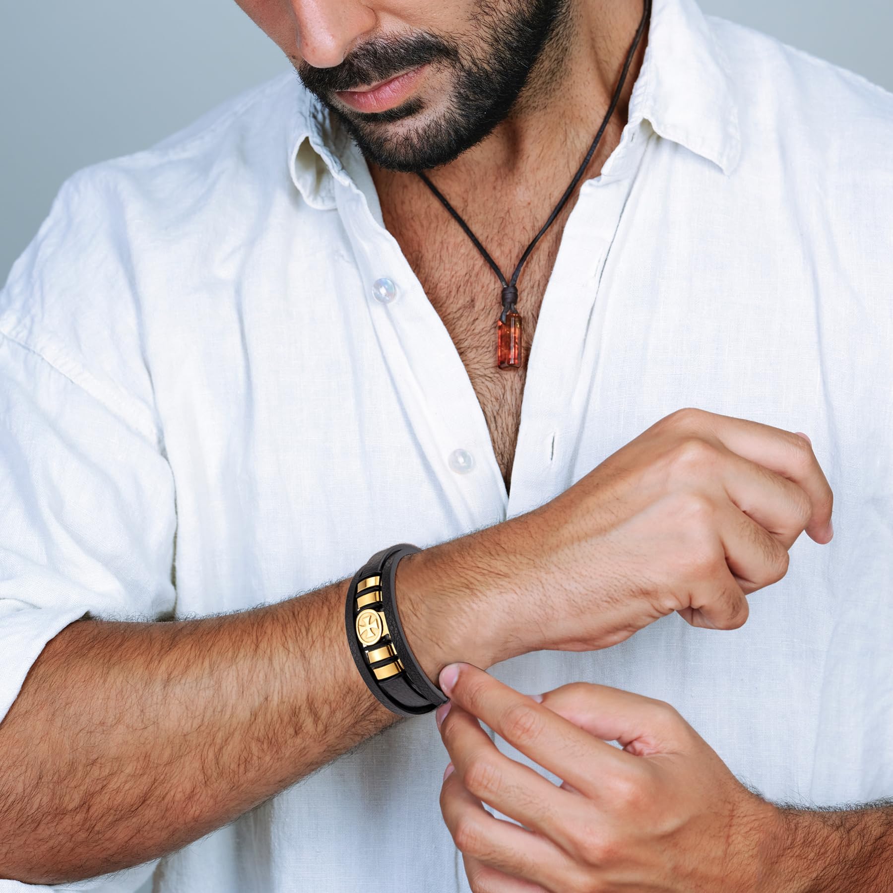 18K Gold Cross Leather Bracelet