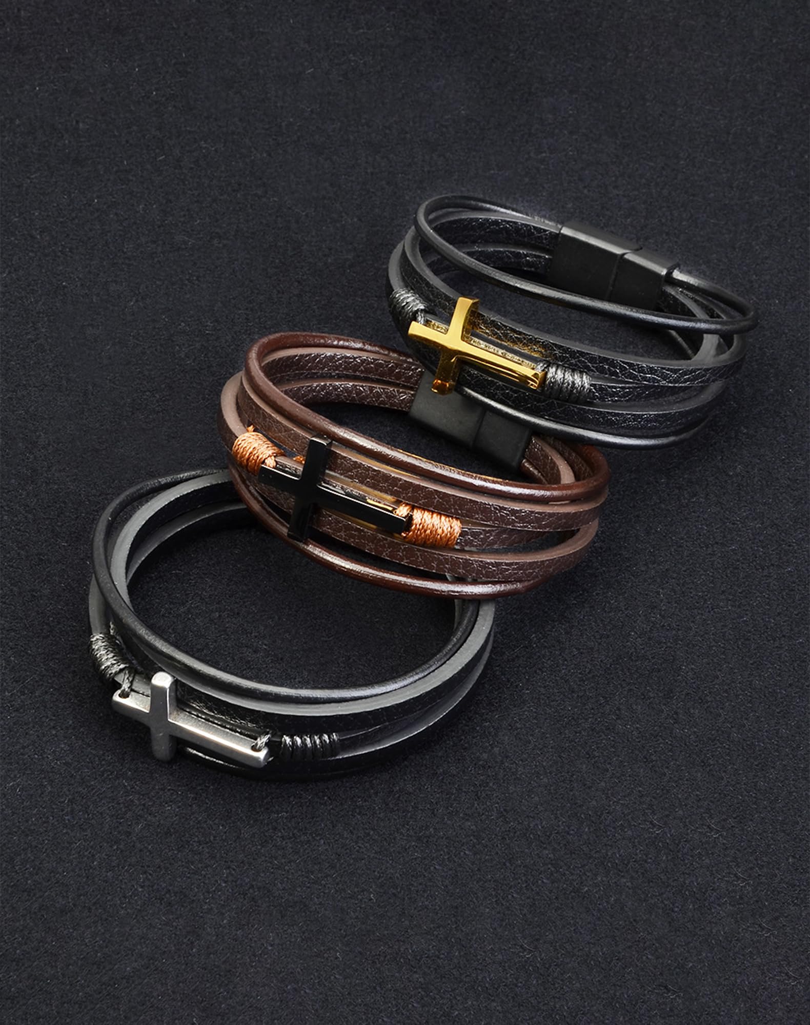 18K Silver, Gold Cross Leather Bracelet, 9.1