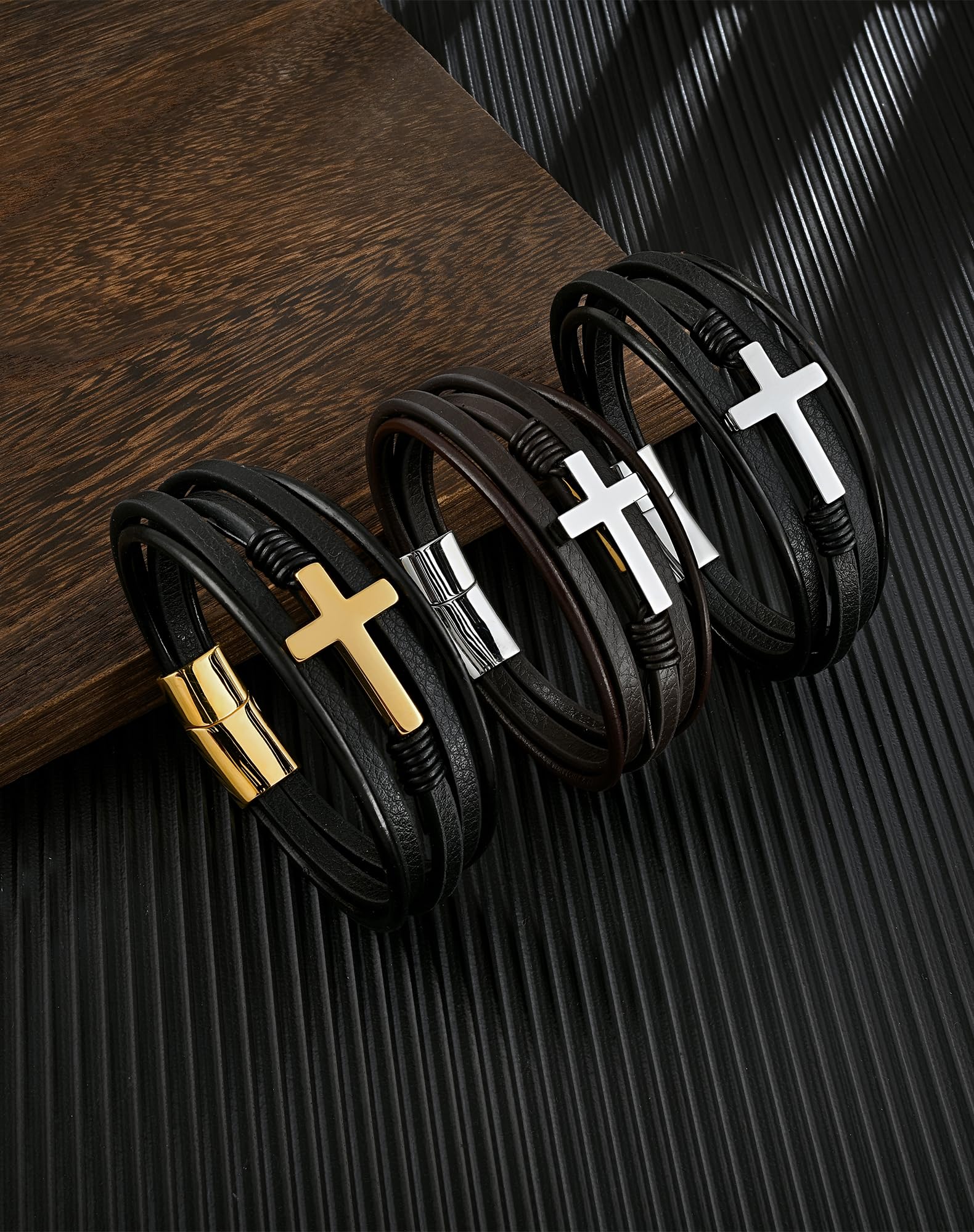 18K Silver, Gold Cross Leather Bracelet, 9.1