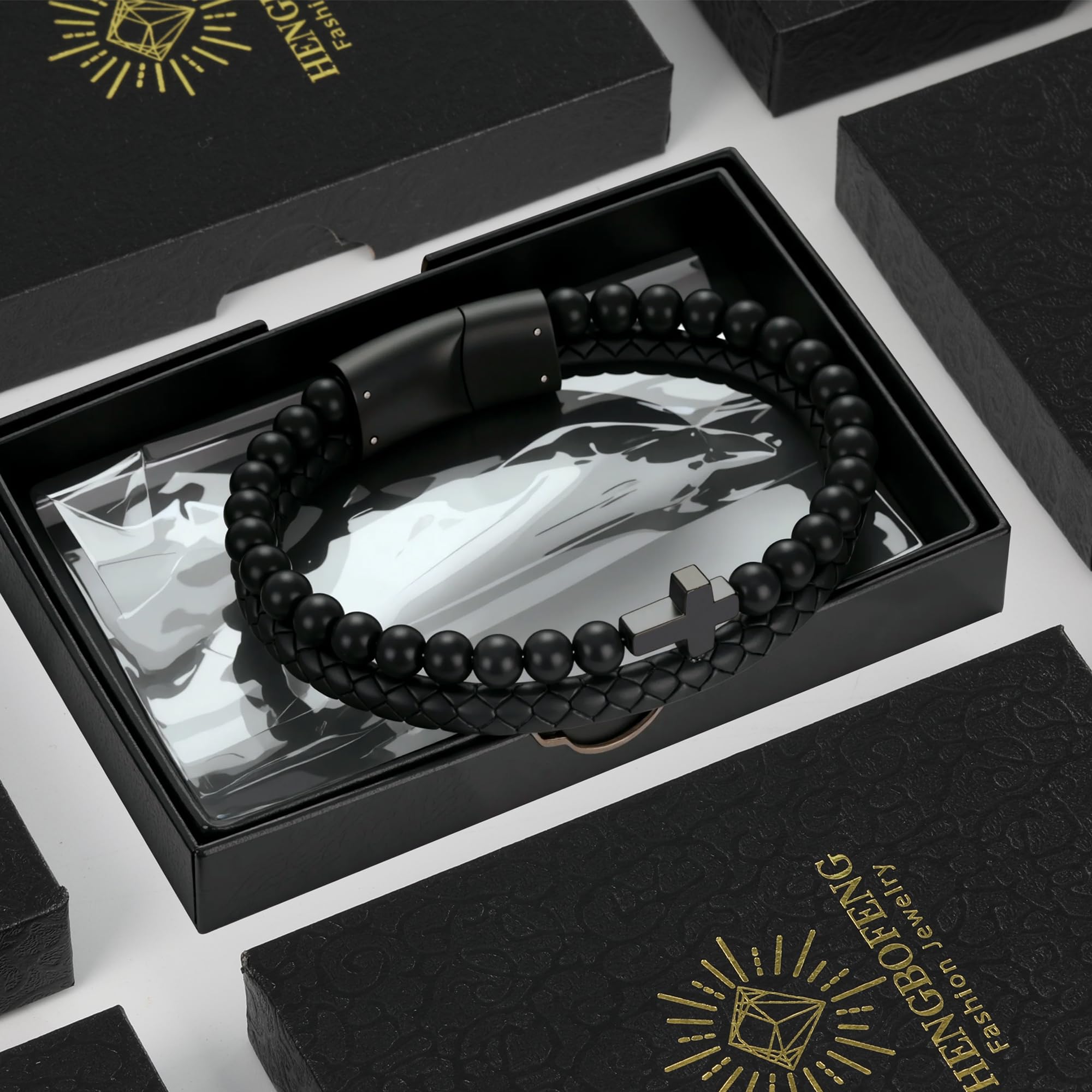 Black Onyx Bead Leather Cuff w/ Stainless Steel Cross