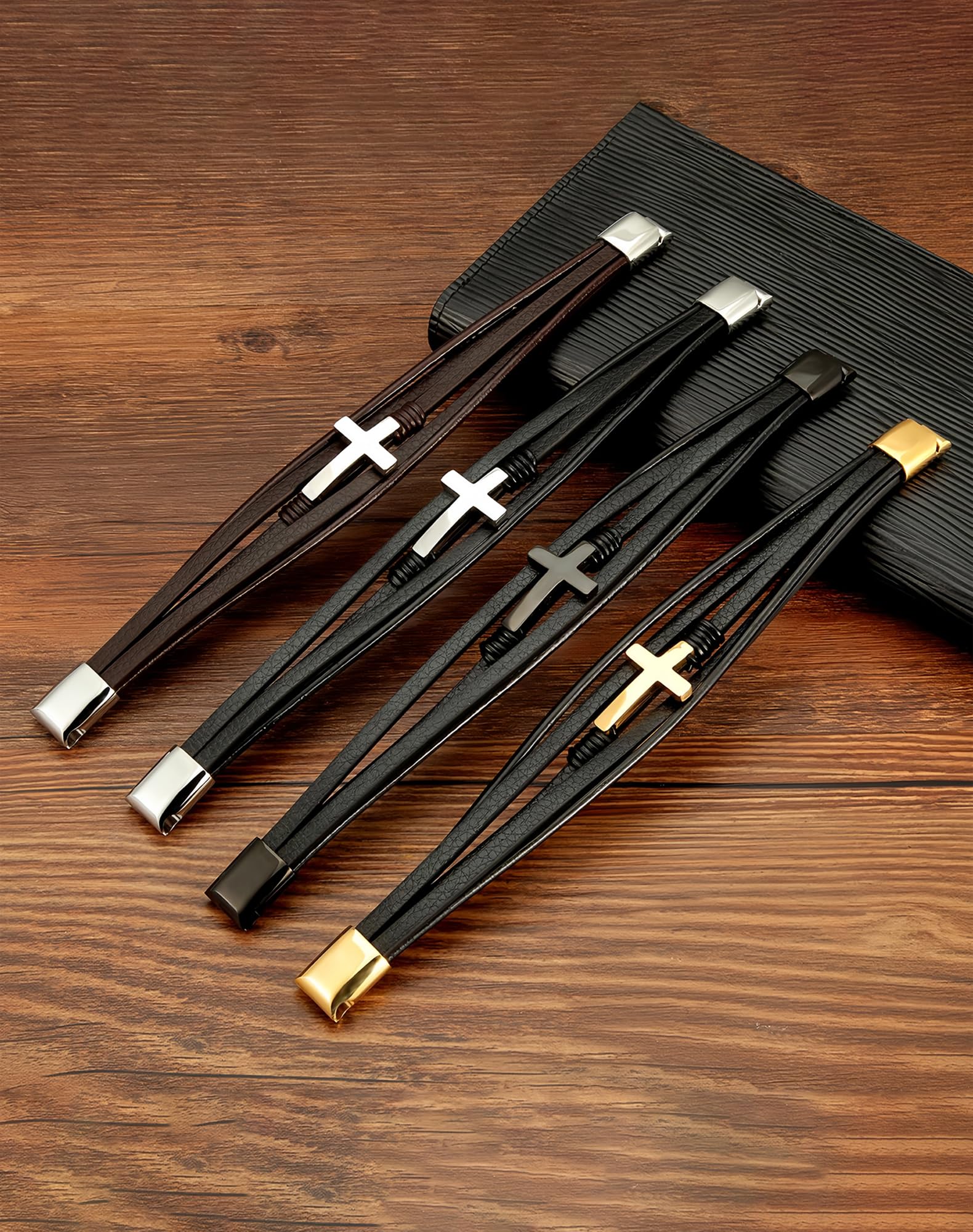 18K Silver, Gold Cross Leather Bracelet, 9.1