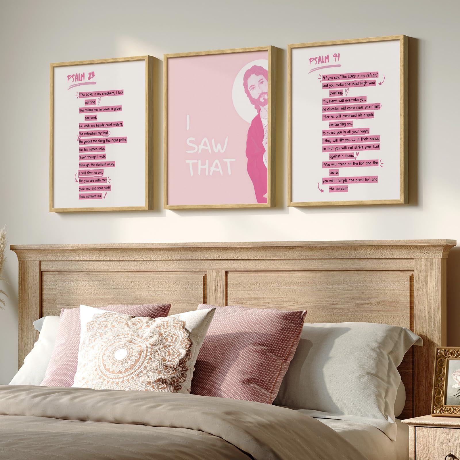 Wood Framed, Set of 3, Pink Jesus Scripture Prints, 12x16 Inch