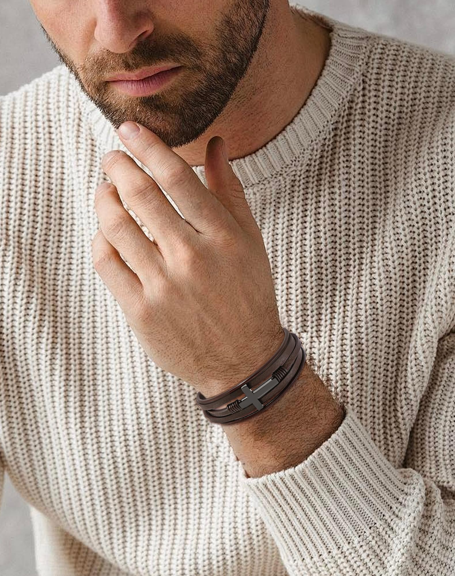 18K Silver, Gold Cross Leather Bracelet, 9.1