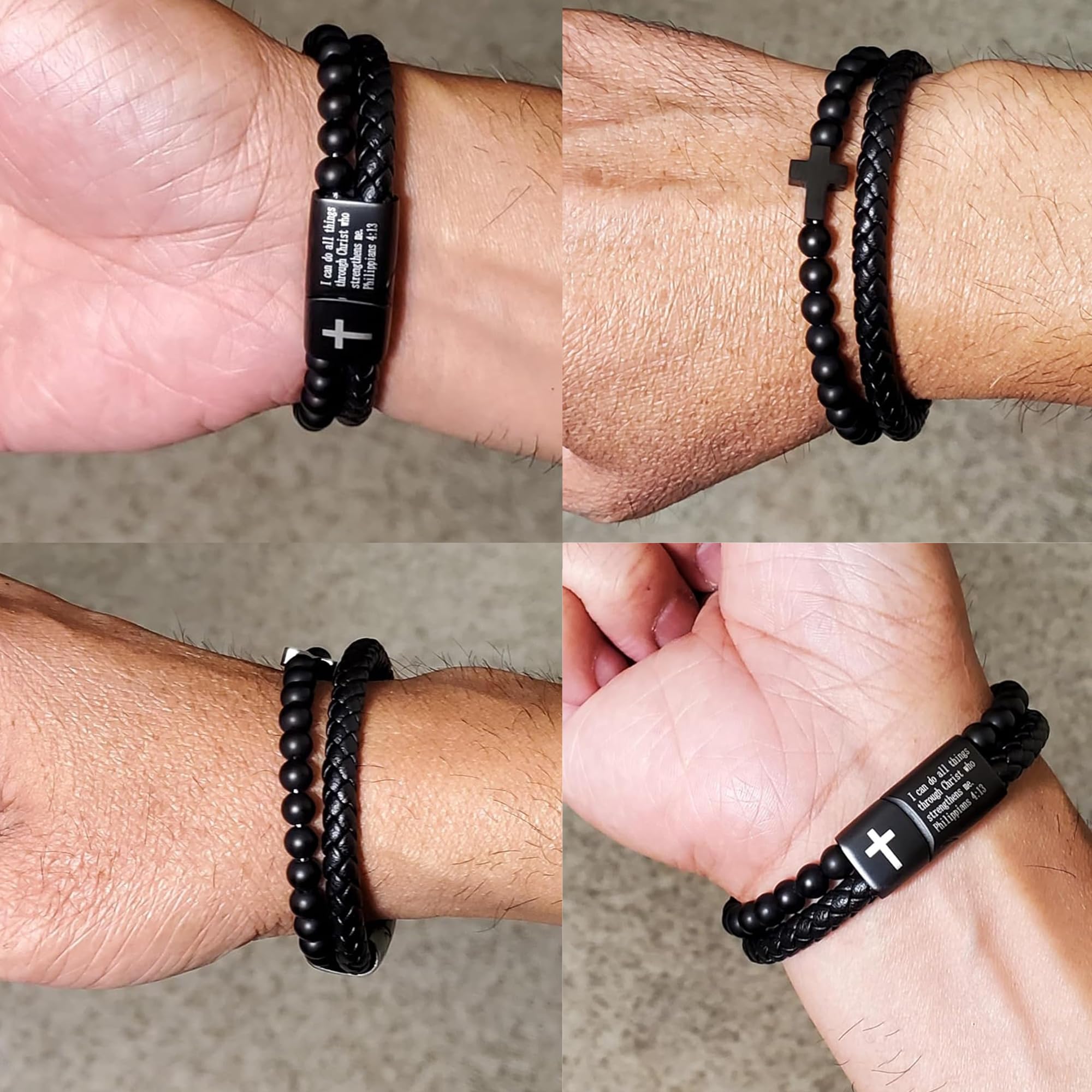 Black Onyx Bead Leather Cuff w/ Stainless Steel Cross