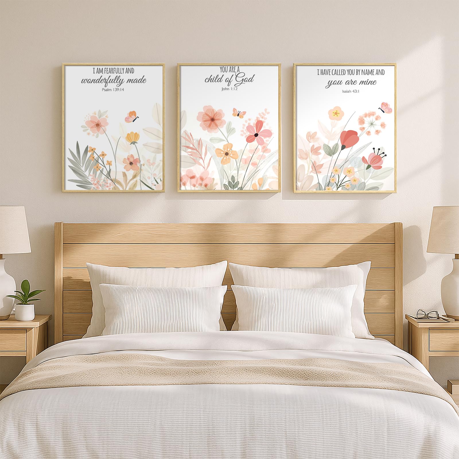 3 Set, Framed Christian Wall Art , Botanical Floral Scripture , 12x16