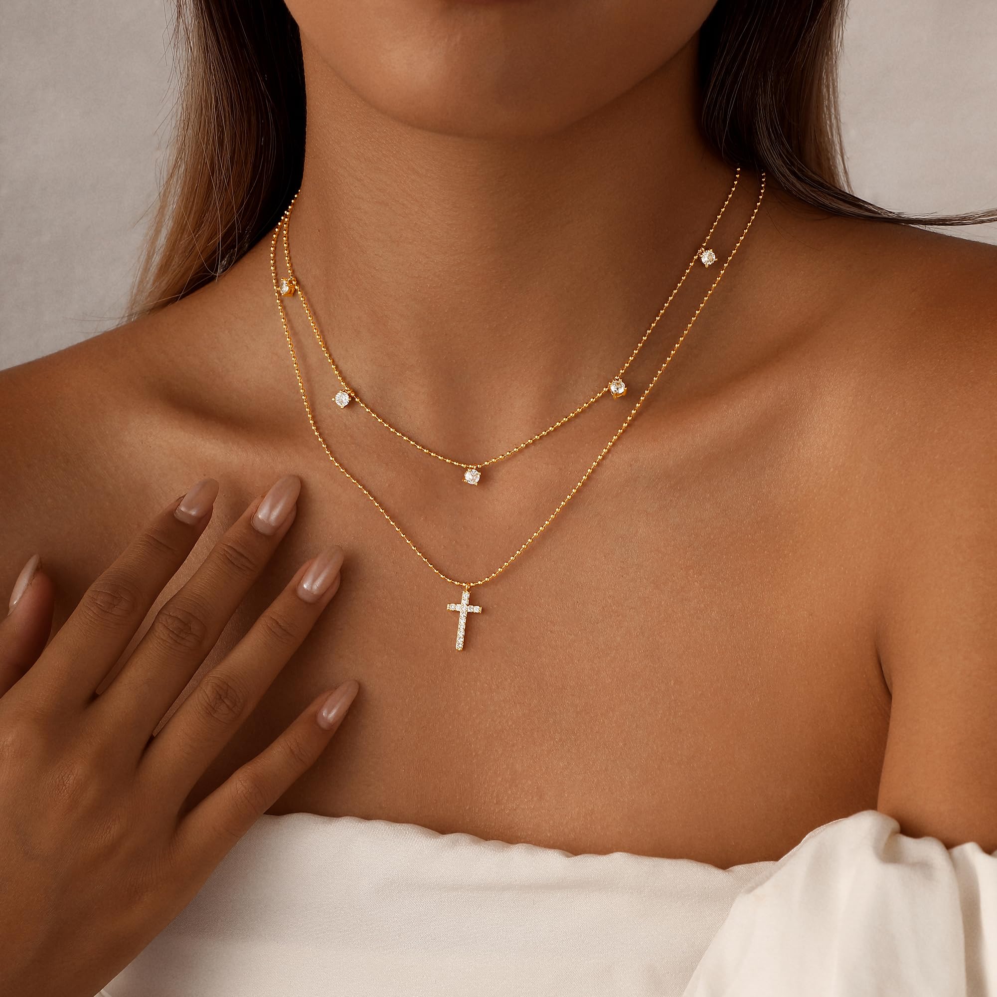 Gold Plated Layered Dainty Small Diamond Cross Pendant